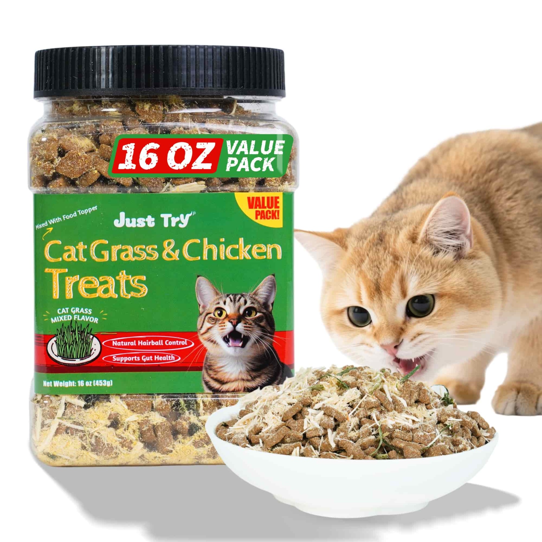 JUSTTRY Cat Grass & Chicken Cat Treats - Hairball Control Dental Care High Protein Cat Treats for Indoor Cats, Training Snacks, 16oz-CritterCorner