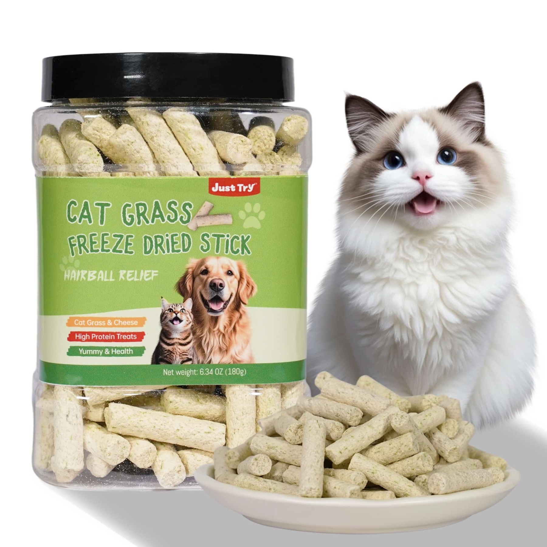 JUSTTRY Freeze-Dried Cat Grass Teething Sticks with Chicken – Natural Training Treats & Food Topper for Hairball Control, Teeth Cleaning & Dental Health, 6.34oz-CritterCorner