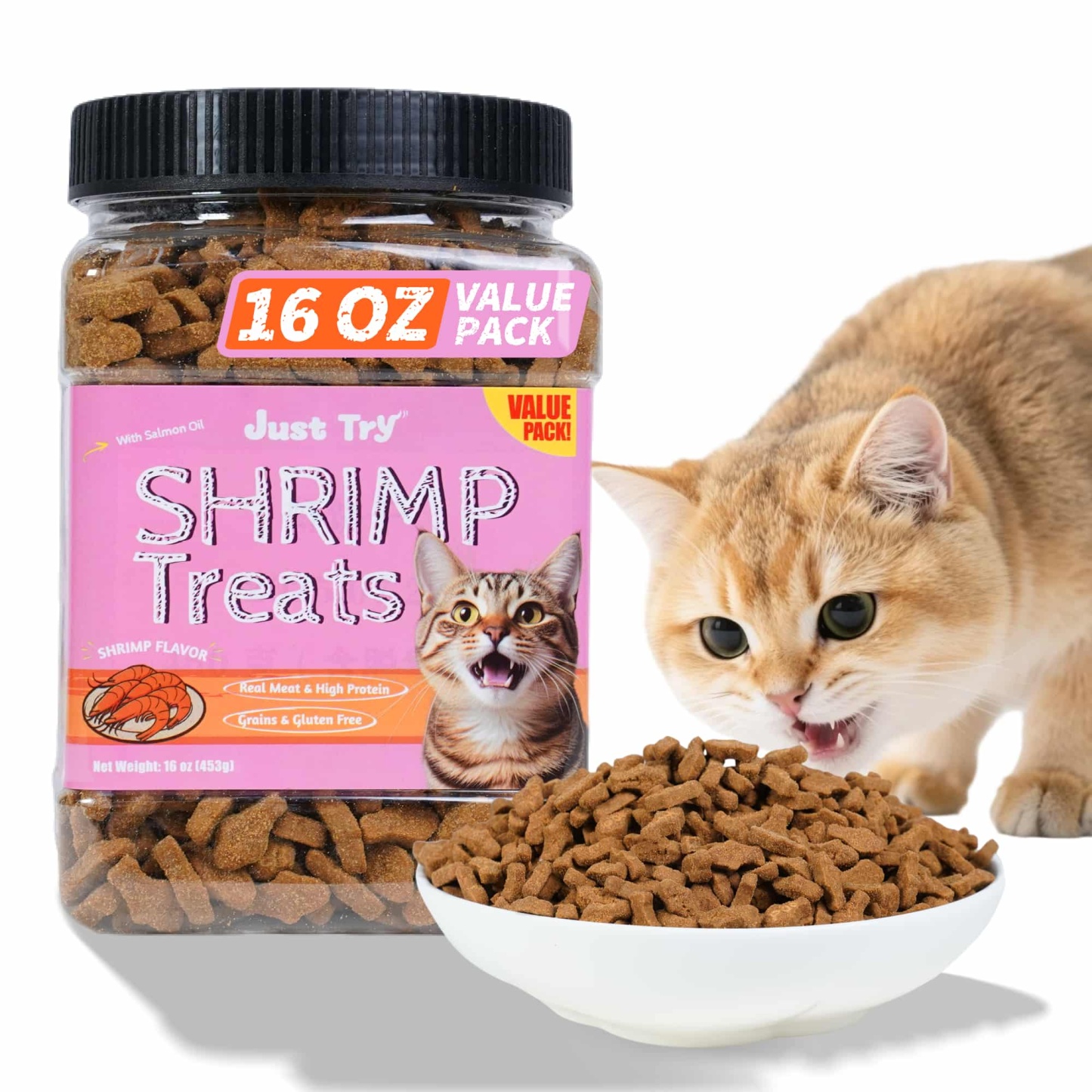 JUSTTRY Shrimp Cat Treats – Crunchy Snacks with Real Shrimp & Krill Oil, Omega-3 for Skin & Coat Training Snacks, 16oz-CritterCorner