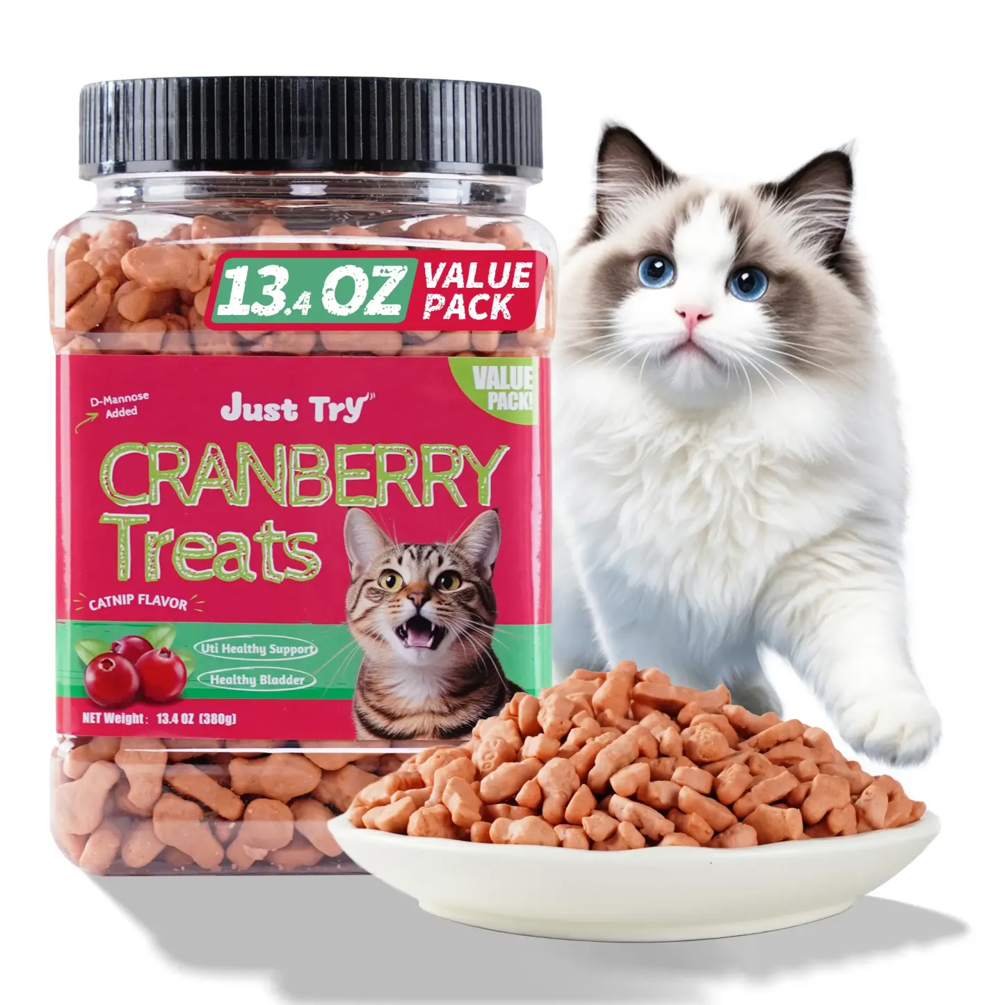 JUSTTRY Cranberry Cat Treats –Cranberry & D-Mannose for Urinary Tract Health & Kidney Support，13.4oz-CritterCorner