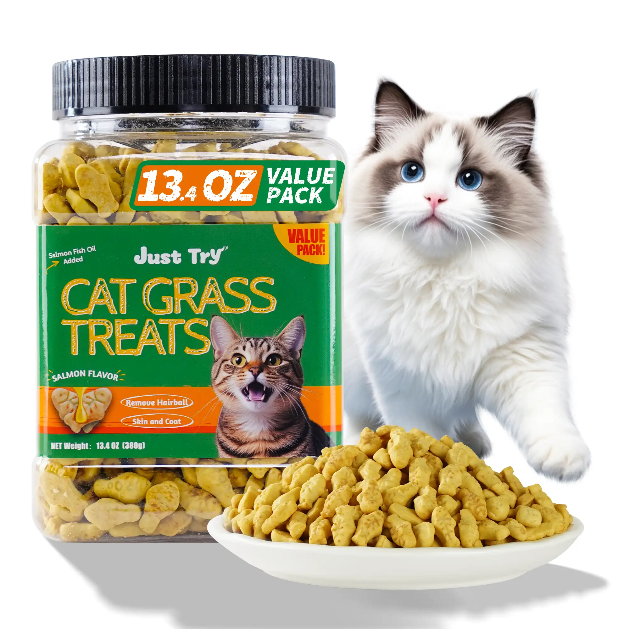 JUSTTRY Salmon Oil Cat Treats – Natural Flavor with Salmon Oil & Cat Grass, Omega-3 for Kittens & Adult Cats, 13.4oz-CritterCorner