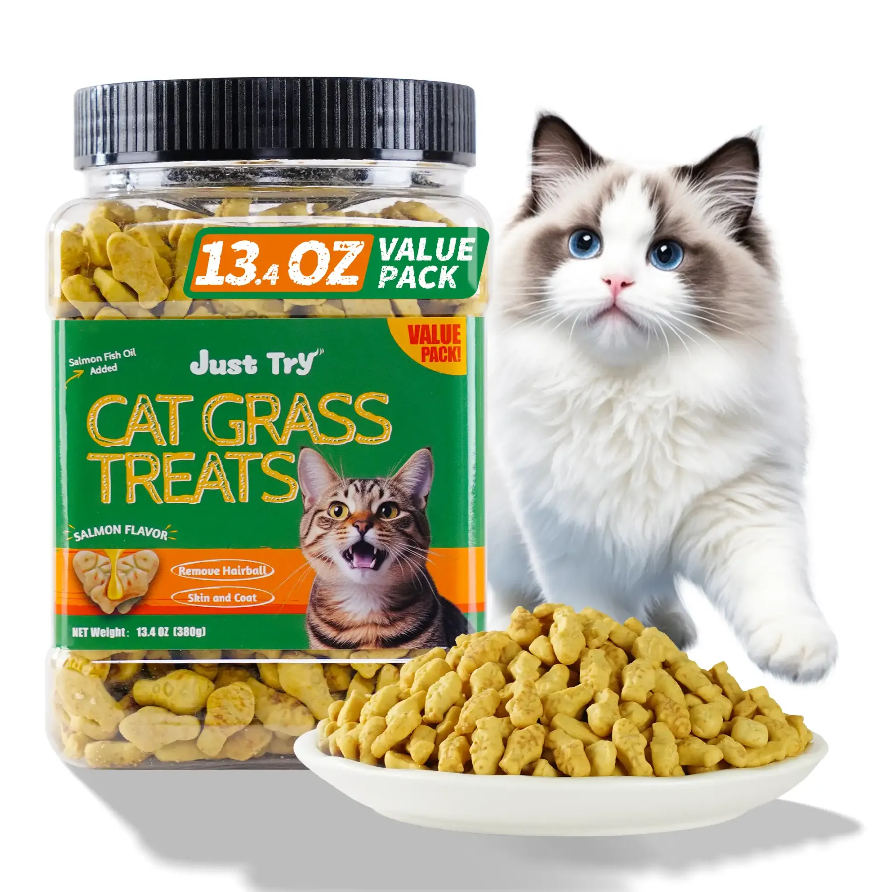 JUSTTRY Salmon Oil Cat Treats – Natural Flavor with Salmon Oil & Cat Grass, Omega-3 for Kittens & Adult Cats, 13.4oz-CritterCorner