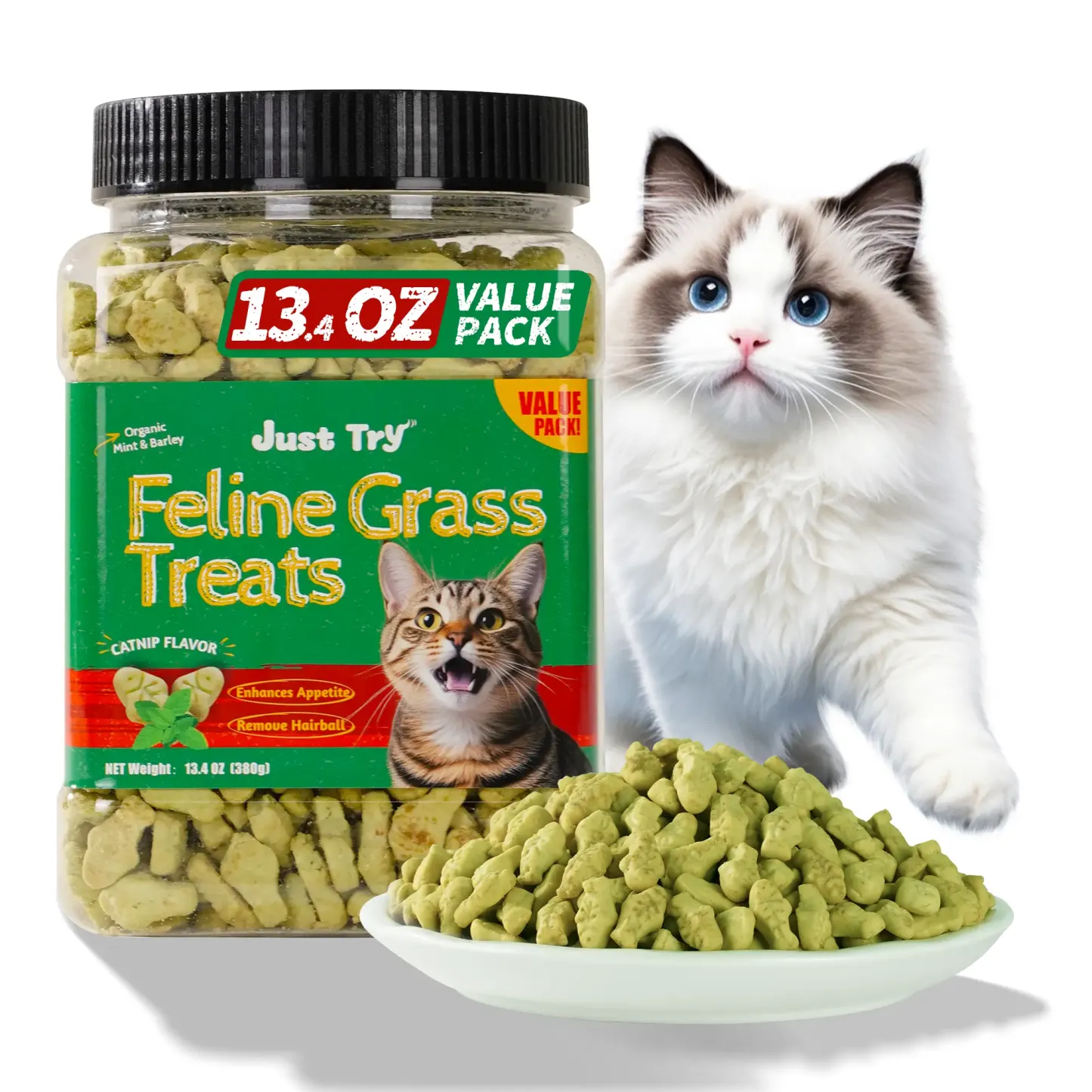 JUSTTRY Cat Grass Treats – Healthy Cat Snacks with Catnip for Hairball Relief & Dental Care, 13.4oz-CritterCorner