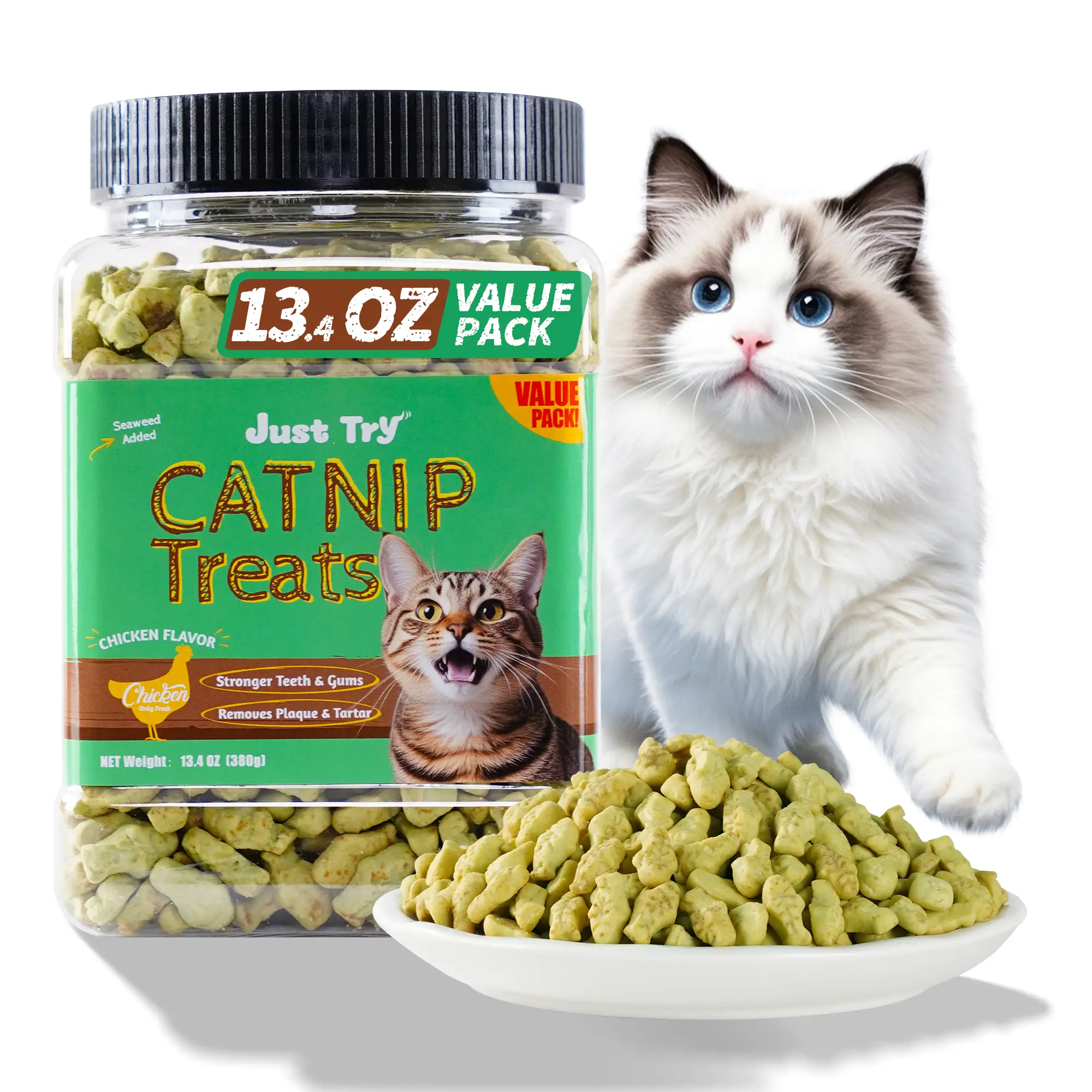 JUSTTRY Catnip Cat Treats – Chicken-Flavored Training Biscuits for Dental Health & Hairball Control, 13.4oz-CritterCorner
