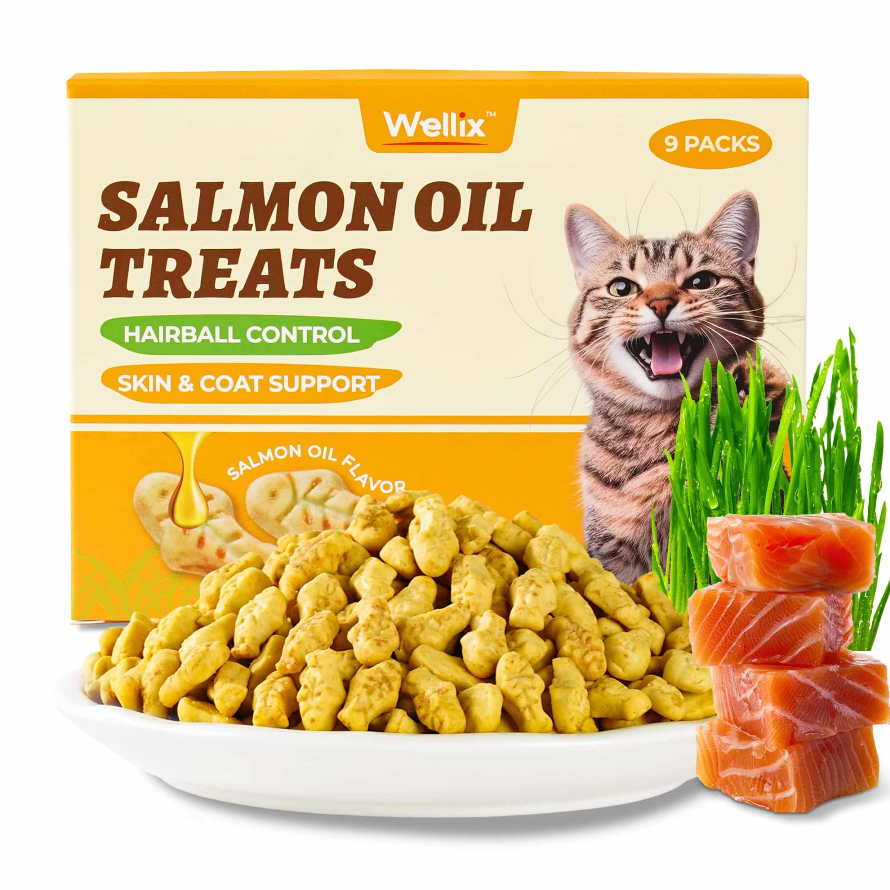 Wellix Cat Treats - Salmon Oil & Cat Grass Flavor Healthy Kitten Snacks for Joint Support & Healthy Skin - Indoor Cat Biscuits - 16oz/450g-CritterCorner