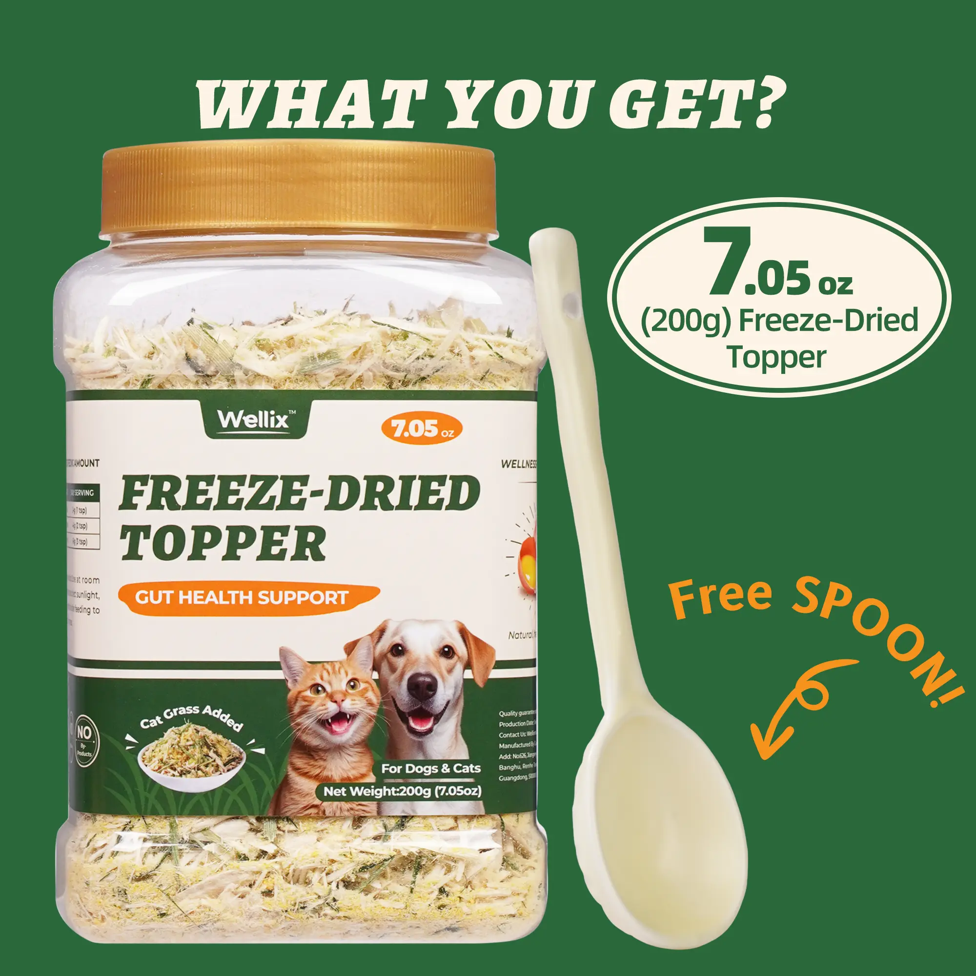 Wellix Cat Grass Topper for Cats & Dogs – 7.05oz Freeze-Dried Chicken, Egg Yolk & Cat Grass, Low-Calorie, Supports Hairball Control & Gut Health-CritterCorner