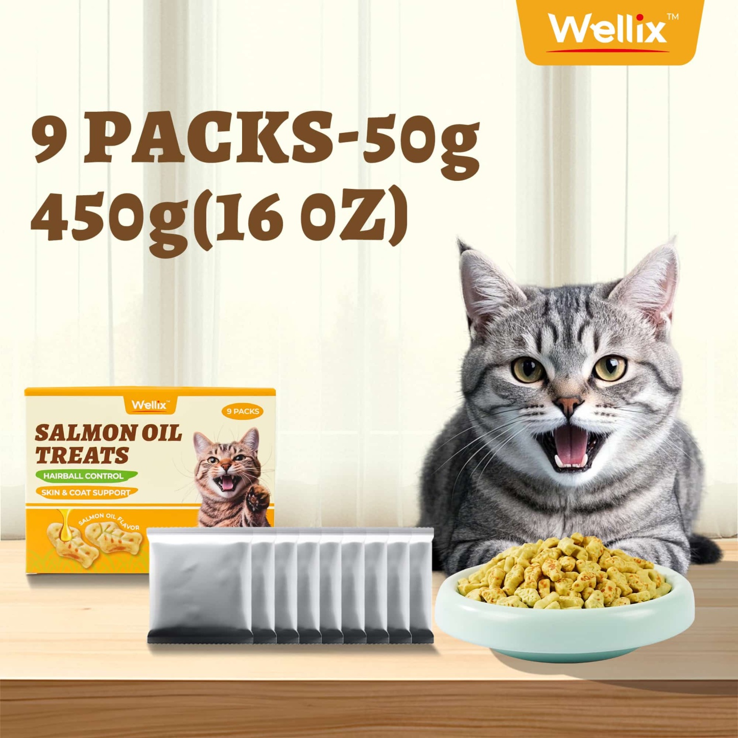 Wellix Cat Treats - Salmon Oil & Cat Grass Flavor Healthy Kitten Snacks for Joint Support & Healthy Skin - Indoor Cat Biscuits - 16oz/450g-CritterCorner