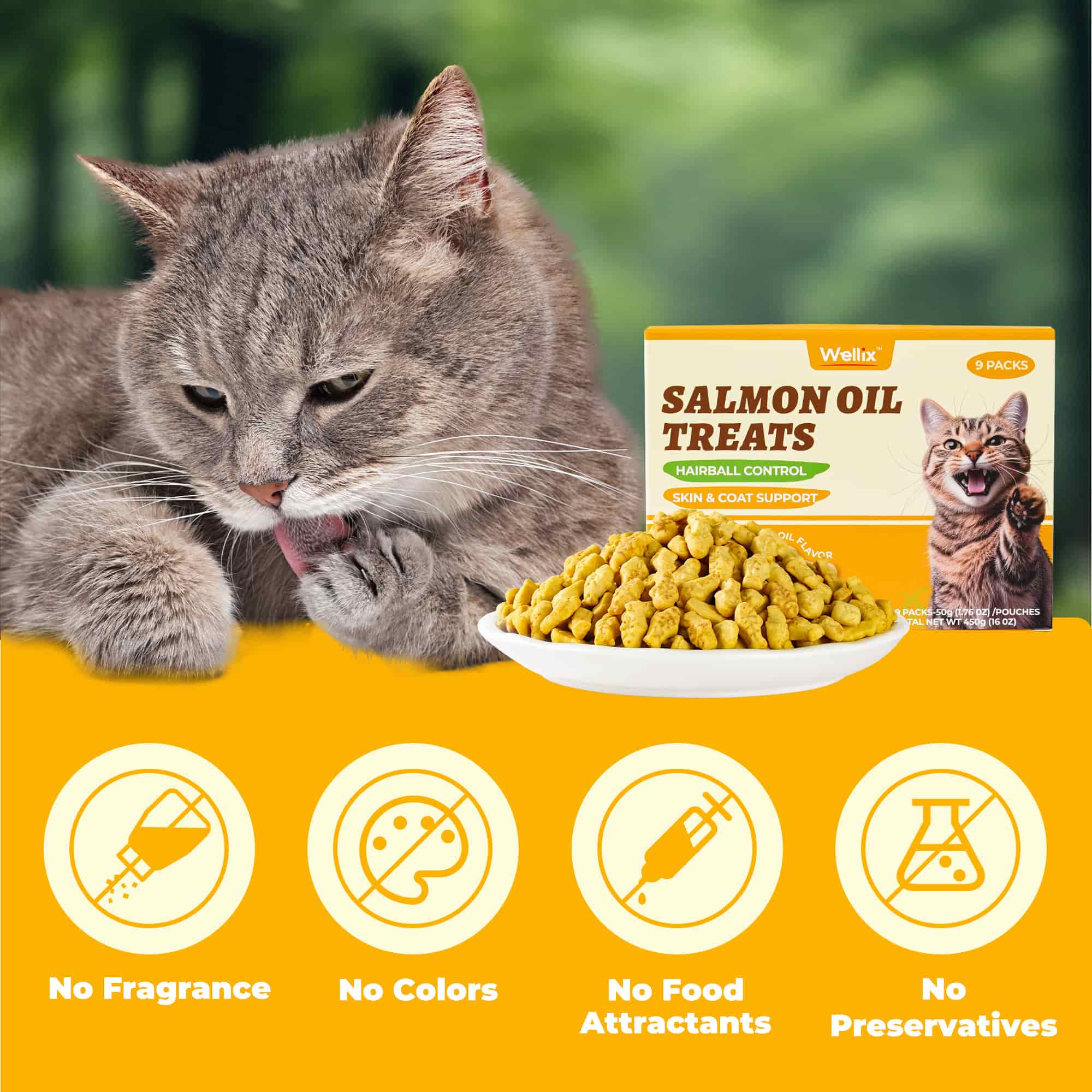 Wellix Cat Treats - Salmon Oil & Cat Grass Flavor Healthy Kitten Snacks for Joint Support & Healthy Skin - Indoor Cat Biscuits - 16oz/450g-CritterCorner