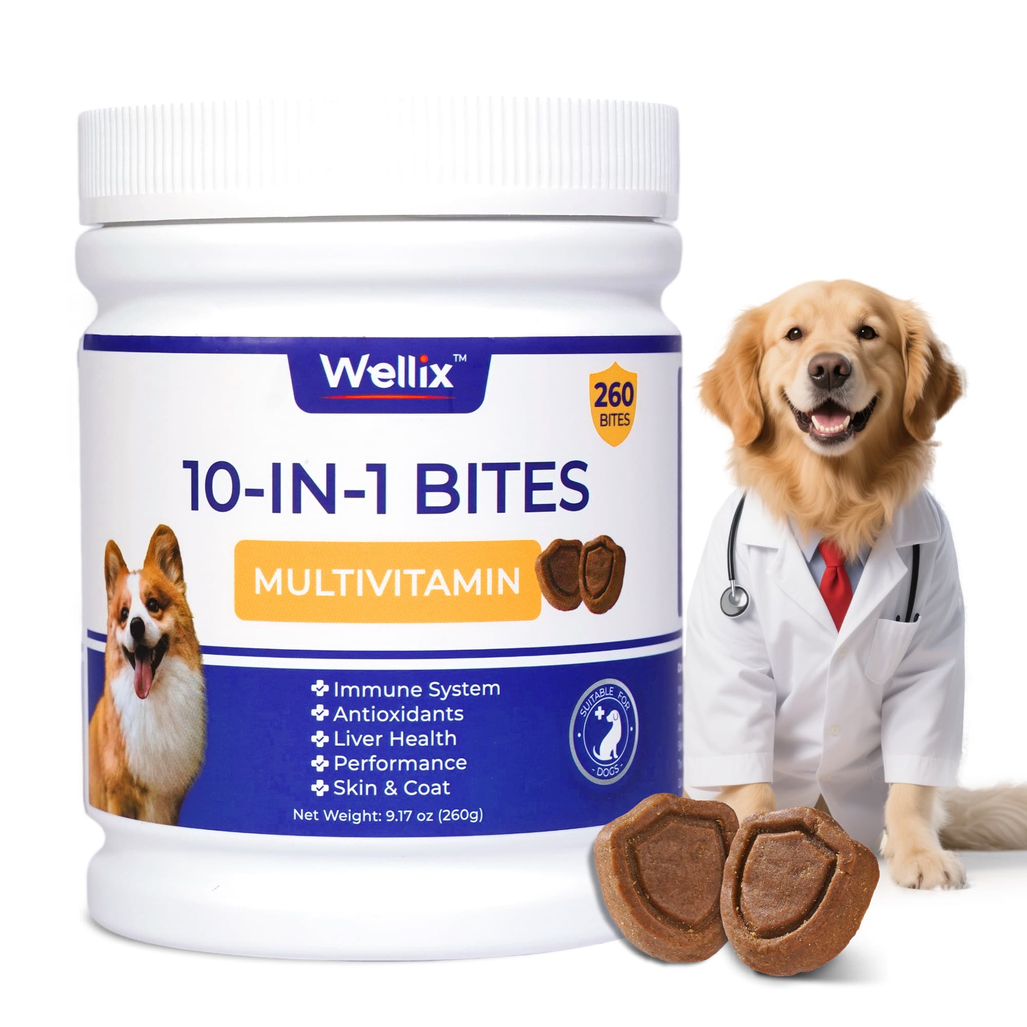 Wellix 10-in-1 Dog Vitamins - Multivitamin Supplement for Immune Support, Hip & Joint, Skin & Coat, Liver & Gut Health - Antioxidant Dog Supplement - 260 Bites-CritterCorner