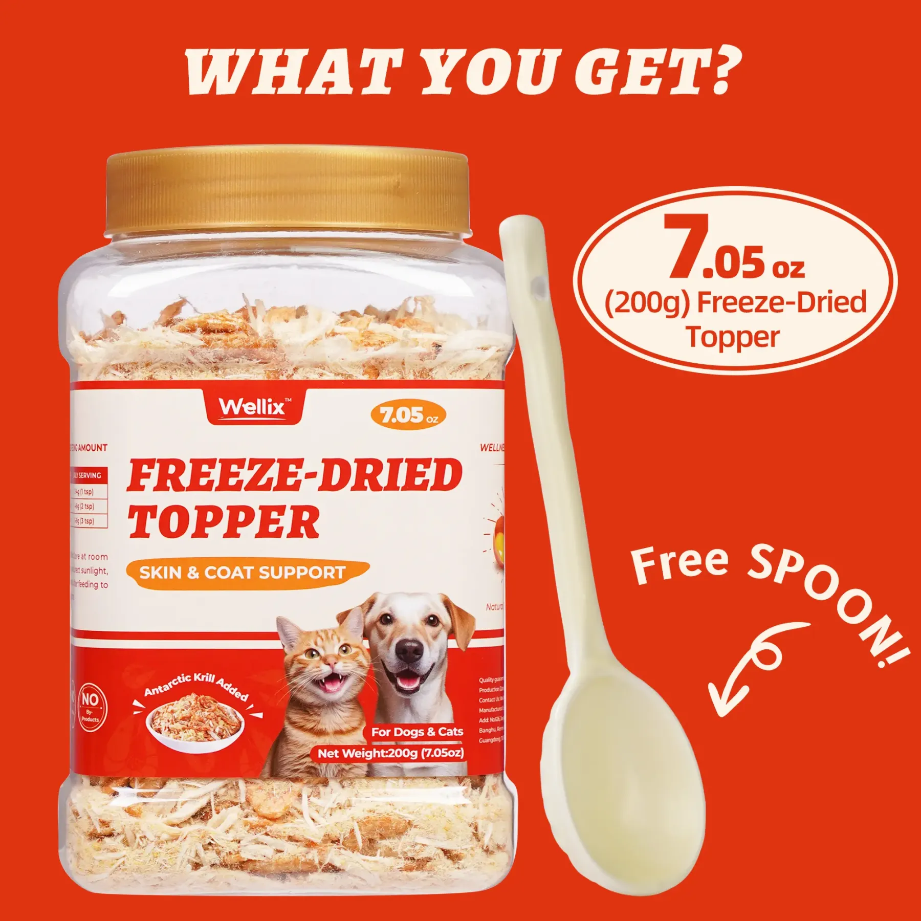 Wellix Antarctic Krill Topper for Cats & Dogs – 7.05 oz Freeze Dried Krill, Egg Yolk & Chicken Formula, Low-Calorie, for Cognitive, Skin & Coat Health-CritterCorner