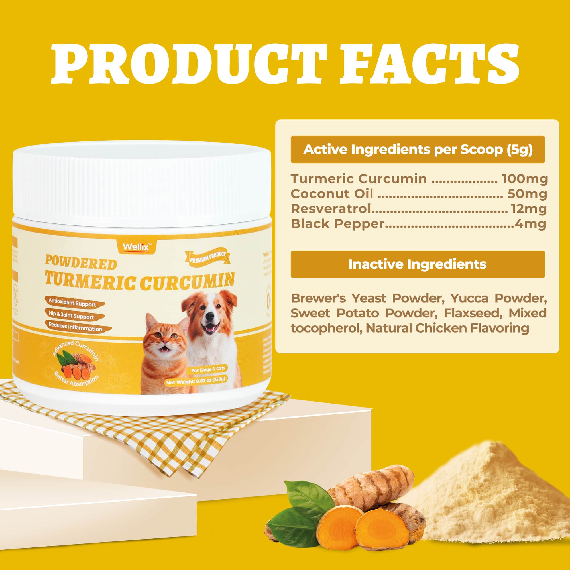 Wellix Turmeric Powder for Dogs & Cats - Easy Absorb Natural Turmeric Hip & Joint Supplement for Pain Relief & Anti-Inflammatory - 250g-CritterCorner
