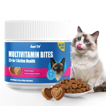JUSTTRY Cat Multivitamin Bites  – 300 Bites ,Taurine, Lysine & Omega-3 Fish Oil Daily Supplements for Immune, Skin, Coat & Heart Health, 6.35oz-CritterCorner