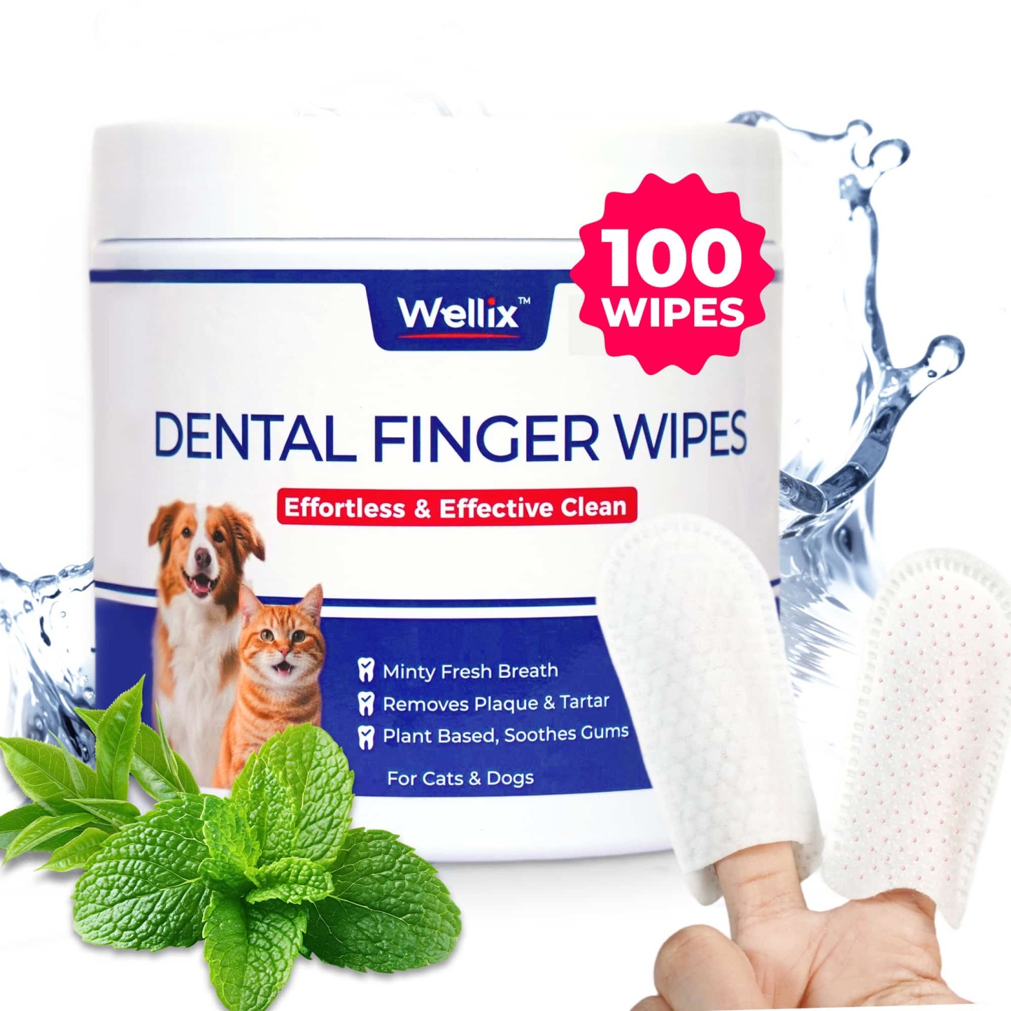 Wellix Pet Teeth Cleaning Wipes for Dogs and Cats - Natural Dental Care Finger Wipes to Reduce Plaque, Tartar & Bad Breath - No-Rinse Disposable 100 Count-CritterCorner