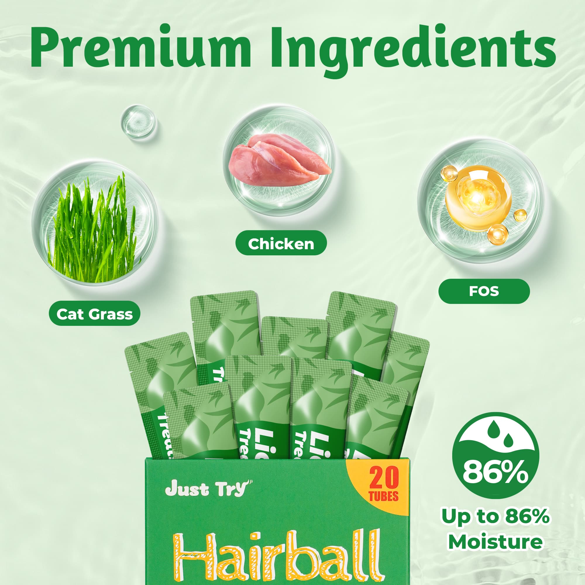 JUSTTRY Cat Grass Lickable Puree Treats – 20 Tubes with Taurine & Vitamin E for Hairball Control, 0.5oz Each-CritterCorner