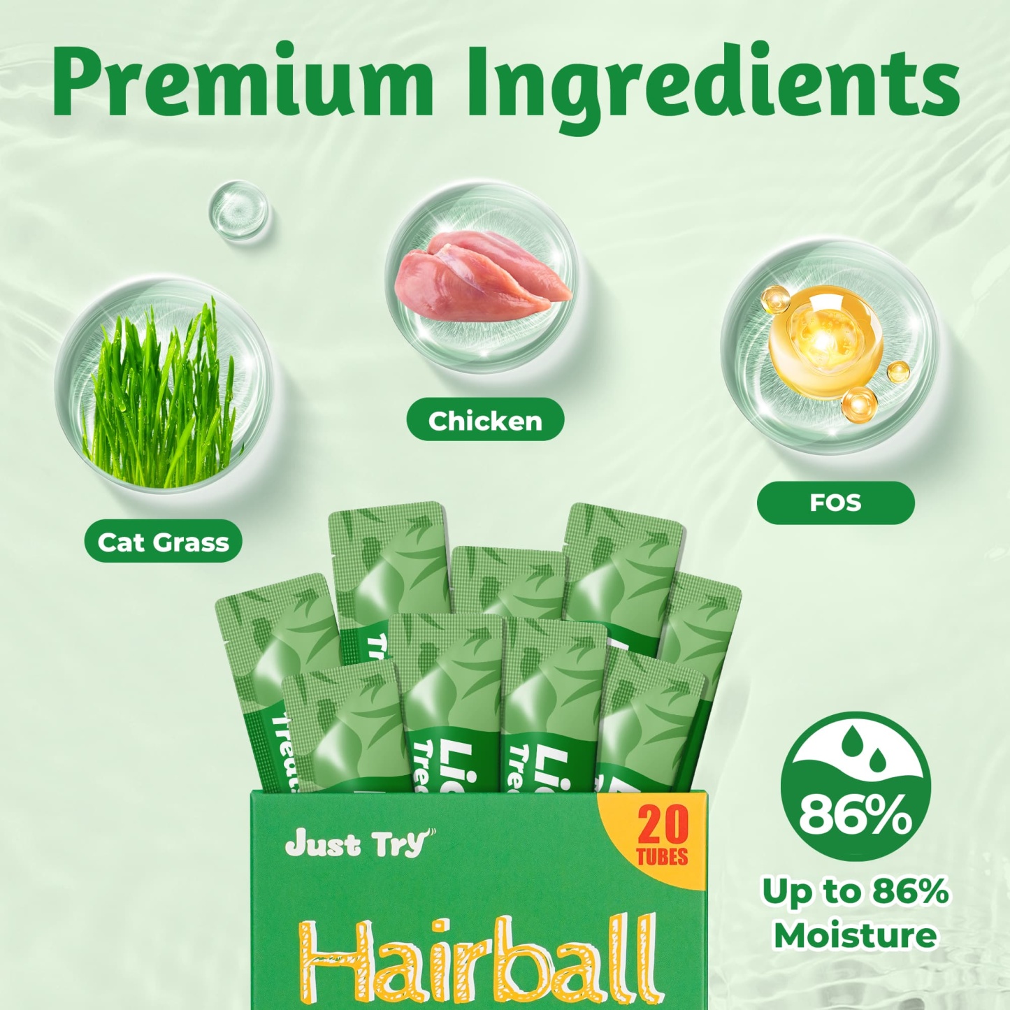 JUSTTRY Cat Grass Lickable Puree Treats – 20 Tubes with Taurine & Vitamin E for Hairball Control, 0.5oz Each-CritterCorner