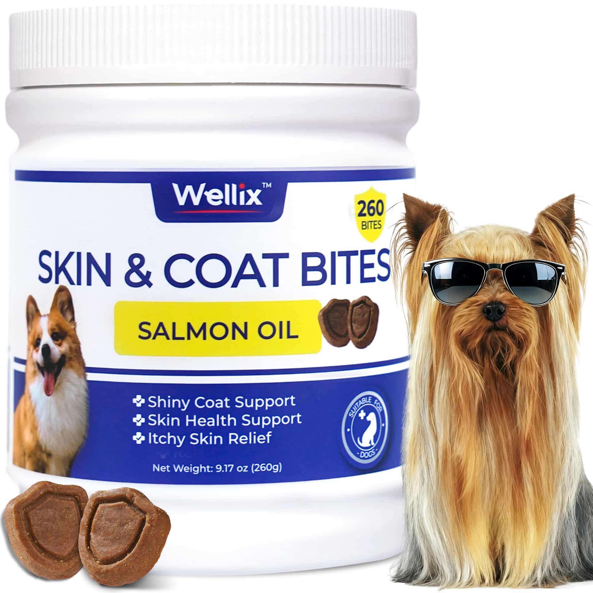 Wellix Dog Skin and Coat Supplement - Omega 3 Fish Oil for Dogs - Supports Skin & Coat, Itching Relief & Anti-Shedding - Tasty Allergy Chews - 260 Bites-CritterCorner