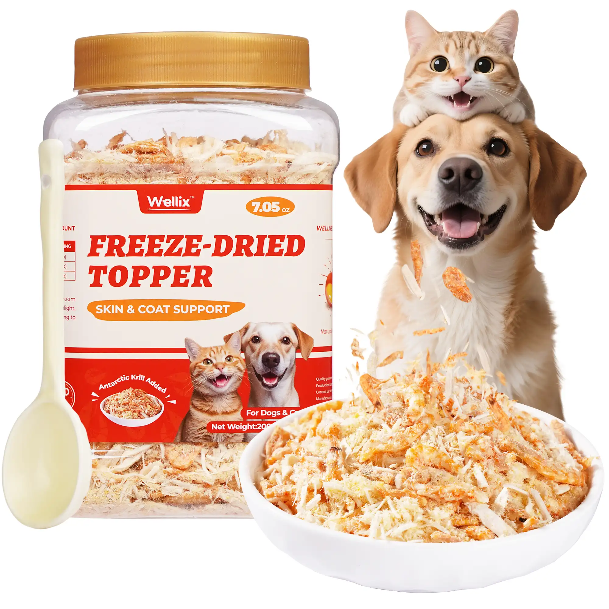 Wellix Antarctic Krill Topper for Cats & Dogs – 7.05 oz Freeze Dried Krill, Egg Yolk & Chicken Formula, Low-Calorie, for Cognitive, Skin & Coat Health-CritterCorner