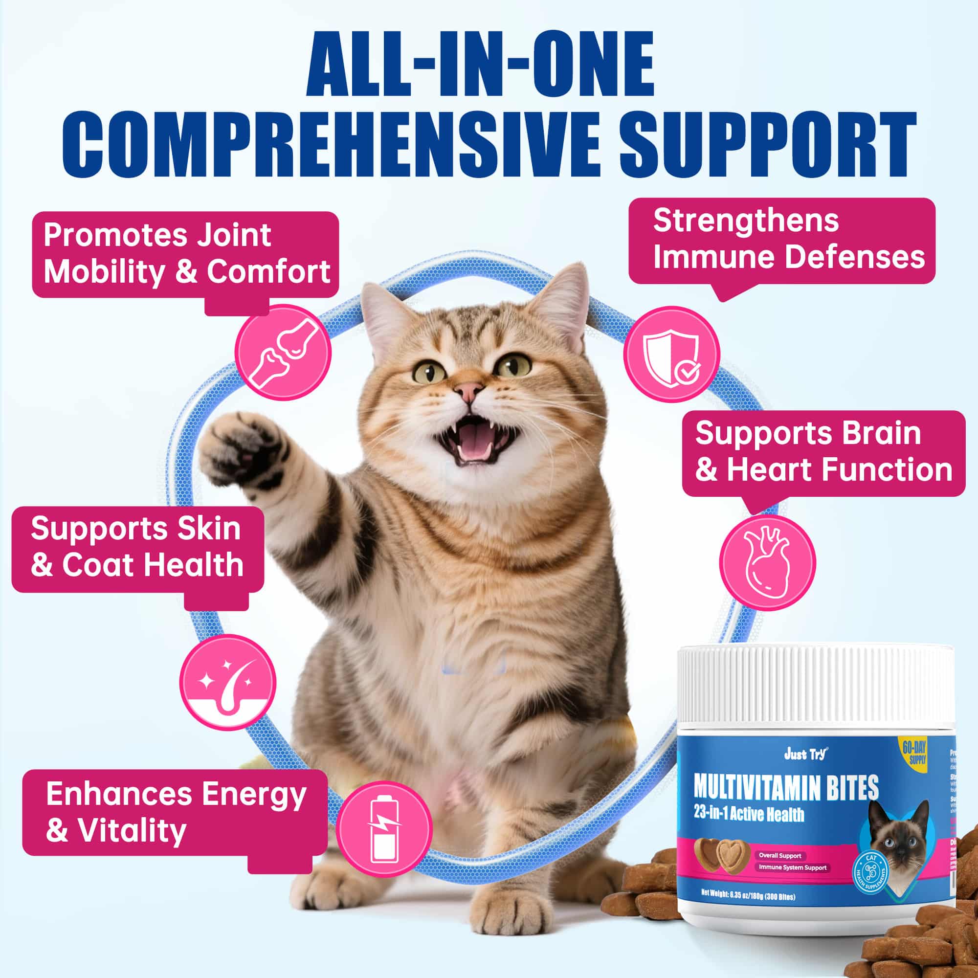 JUSTTRY Cat Multivitamin Bites  – 300 Bites ,Taurine, Lysine & Omega-3 Fish Oil Daily Supplements for Immune, Skin, Coat & Heart Health, 6.35oz-CritterCorner