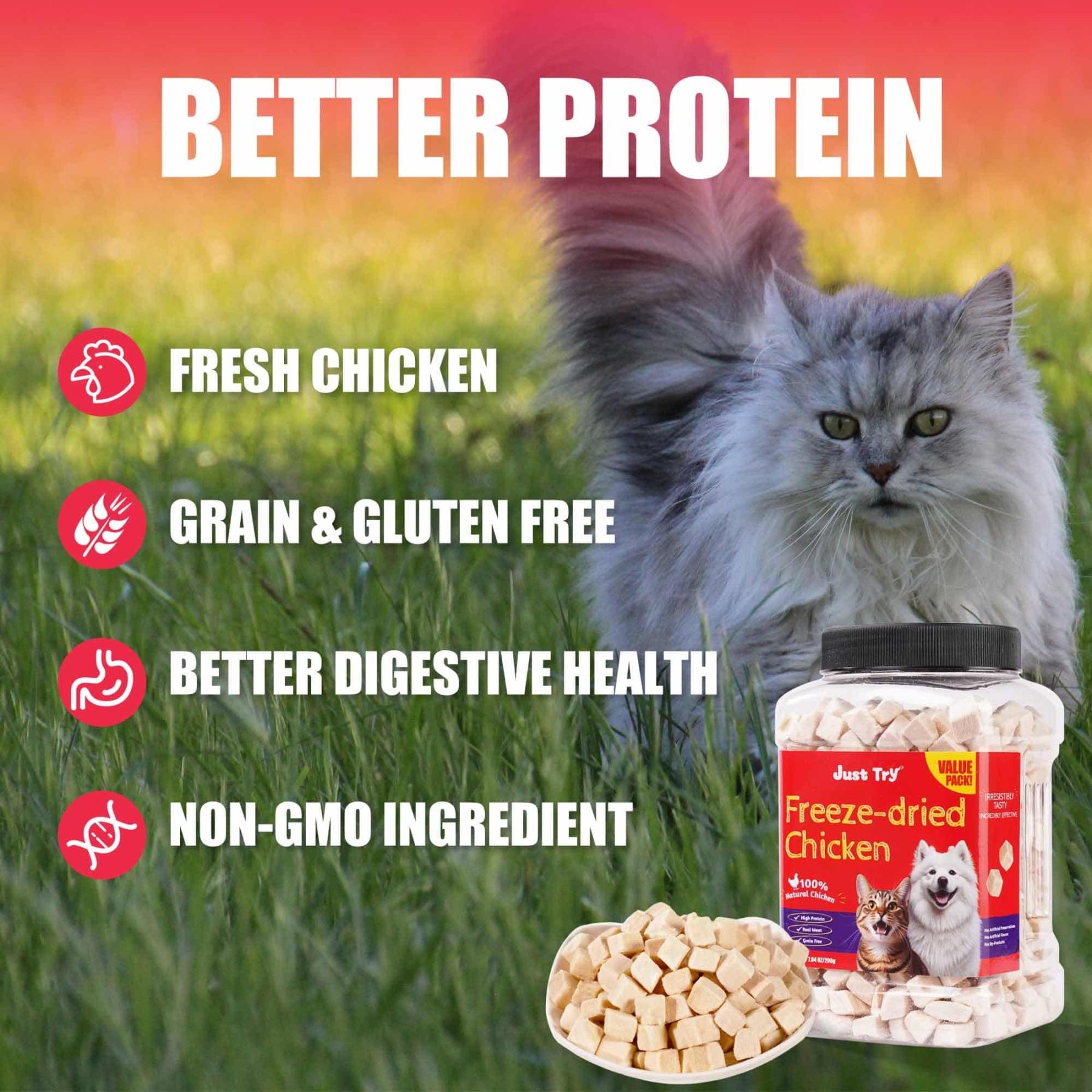JUSTTRY Freeze-Dried Chicken Treats – High-Protein, Grain-Free Dog & Cat Treats for Training & Raw Food, 7.05oz-CritterCorner