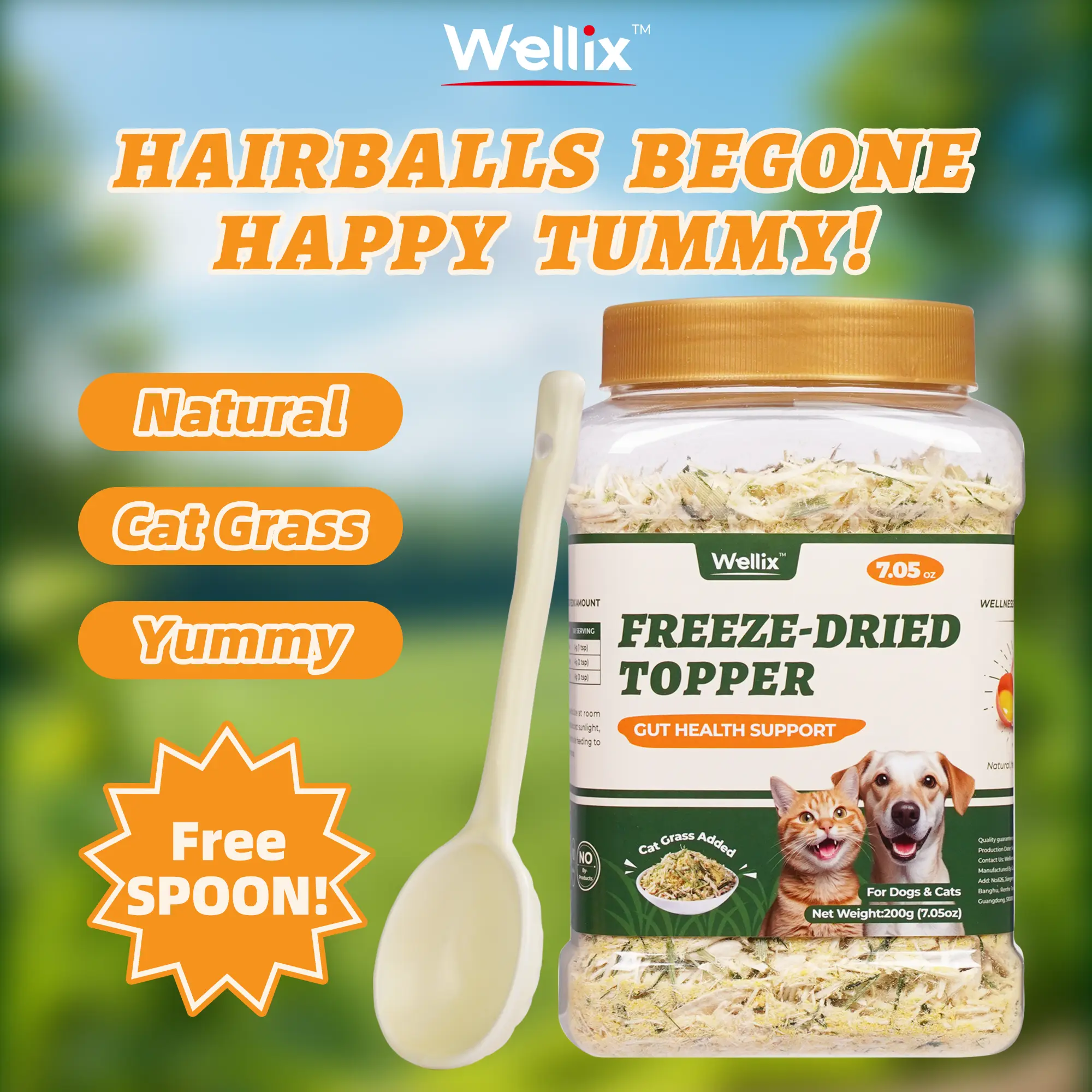 Wellix Cat Grass Topper for Cats & Dogs – 7.05oz Freeze-Dried Chicken, Egg Yolk & Cat Grass, Low-Calorie, Supports Hairball Control & Gut Health-CritterCorner