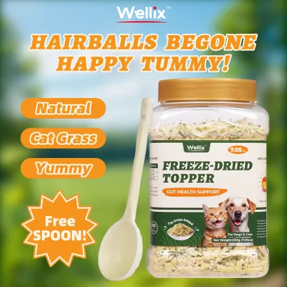 Wellix Cat Grass Topper for Cats & Dogs – 7.05oz Freeze-Dried Chicken, Egg Yolk & Cat Grass, Low-Calorie, Supports Hairball Control & Gut Health-CritterCorner