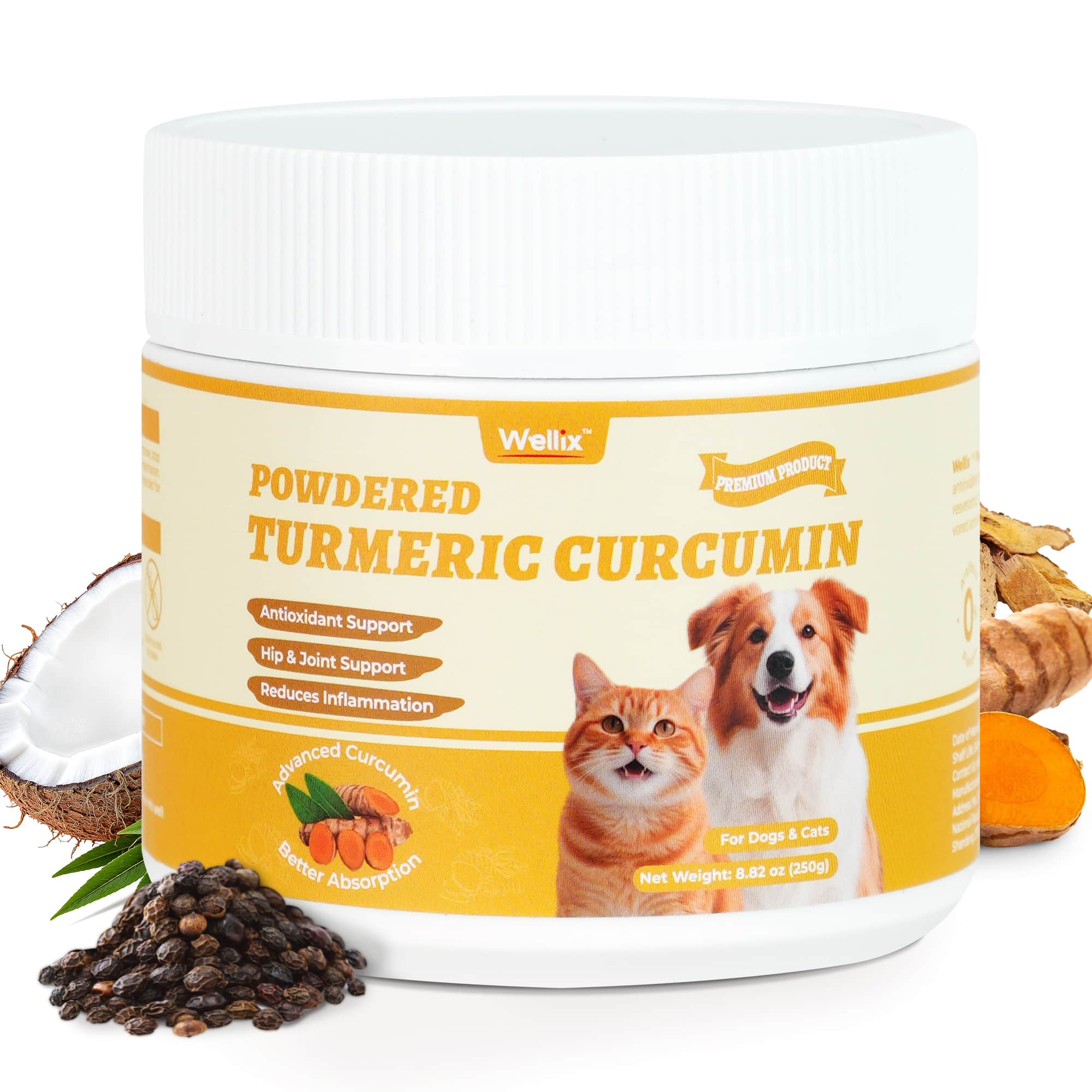 Wellix Turmeric Powder for Dogs & Cats - Easy Absorb Natural Turmeric Hip & Joint Supplement for Pain Relief & Anti-Inflammatory - 250g-CritterCorner