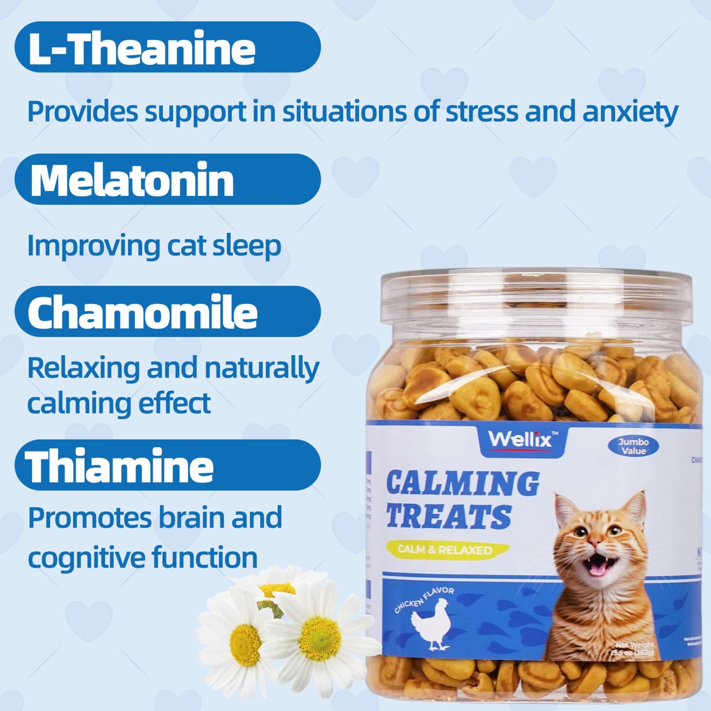 Wellix Calming Treats for Cats – 13.5oz Chicken-Flavored with Chamomile & Melatonin, Aids Relaxation & Anxiety Relief for Indoor Cats & Kittens-CritterCorner