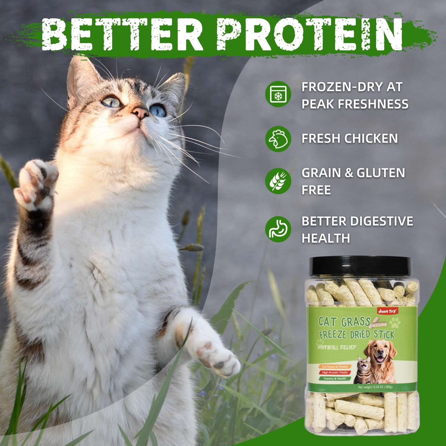 JUSTTRY Freeze-Dried Cat Grass Teething Sticks with Chicken – Natural Training Treats & Food Topper for Hairball Control, Teeth Cleaning & Dental Health, 6.34oz-CritterCorner