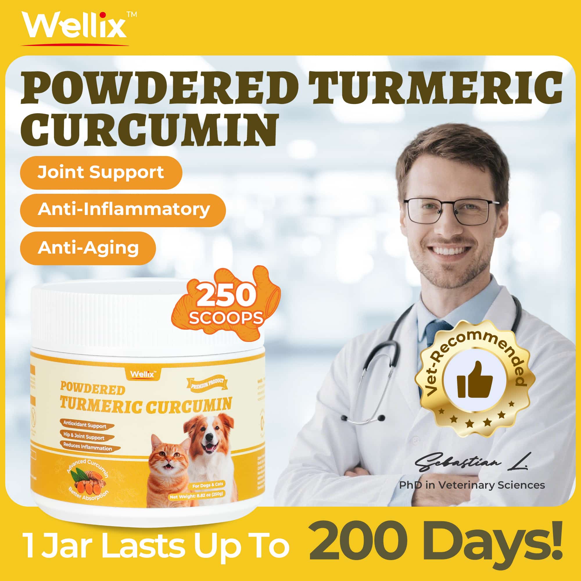 Wellix Turmeric Powder for Dogs & Cats - Easy Absorb Natural Turmeric Hip & Joint Supplement for Pain Relief & Anti-Inflammatory - 250g-CritterCorner