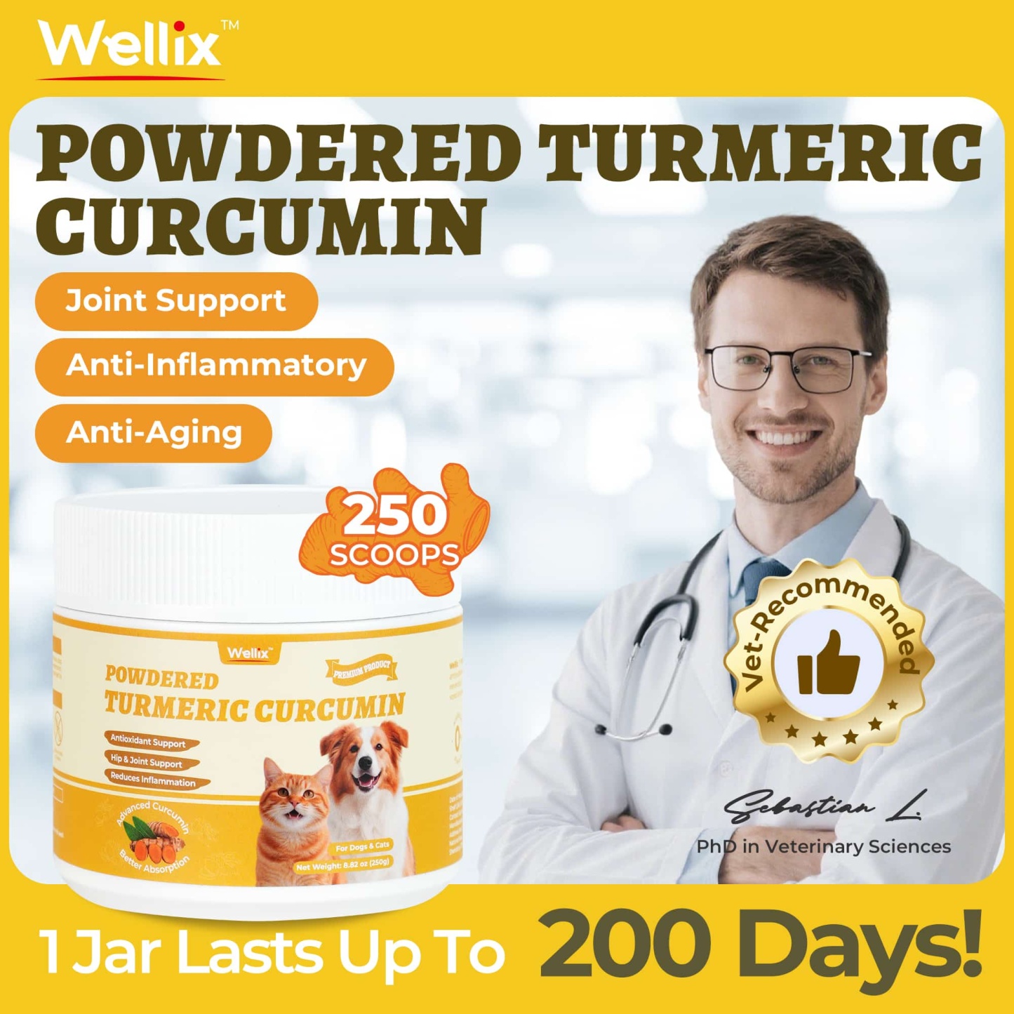 Wellix Turmeric Powder for Dogs & Cats - Easy Absorb Natural Turmeric Hip & Joint Supplement for Pain Relief & Anti-Inflammatory - 250g-CritterCorner