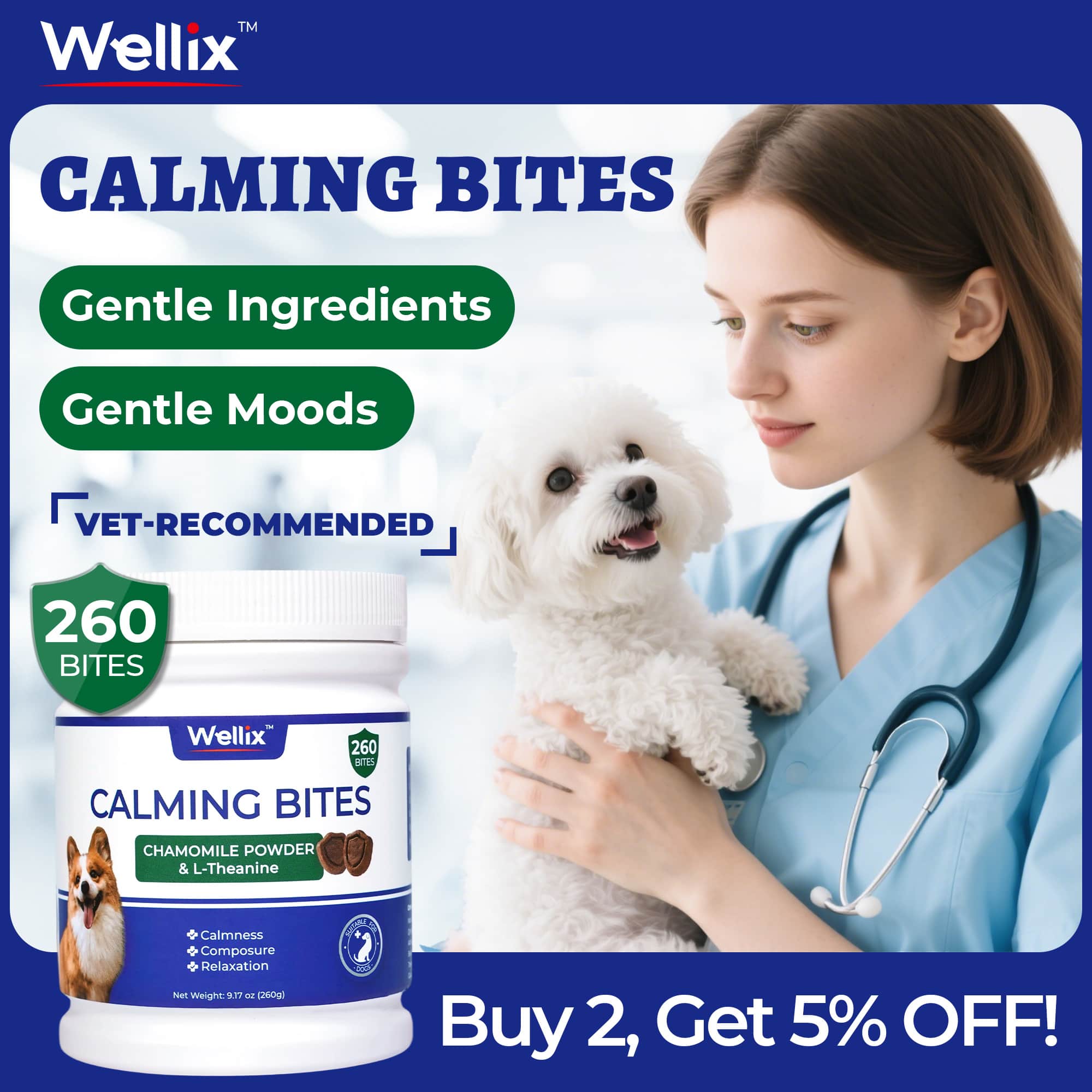 Wellix Calming Bites for Dogs – 260 Counts with Melatonin, L-Theanine & Valerian Root for Anxiety & Stress Relief, Puppies & Dogs-CritterCorner
