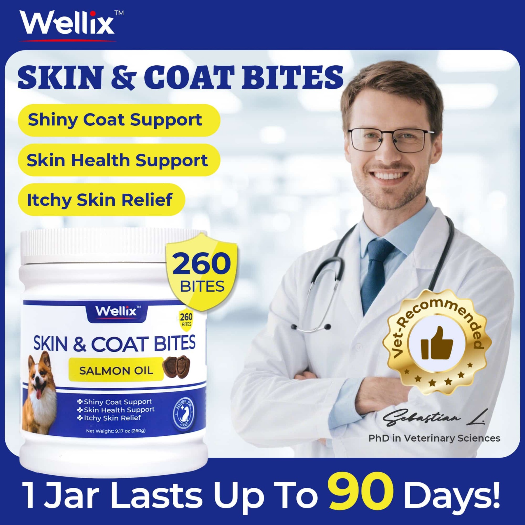 Wellix Dog Skin and Coat Supplement - Omega 3 Fish Oil for Dogs - Supports Skin & Coat, Itching Relief & Anti-Shedding - Tasty Allergy Chews - 260 Bites-CritterCorner