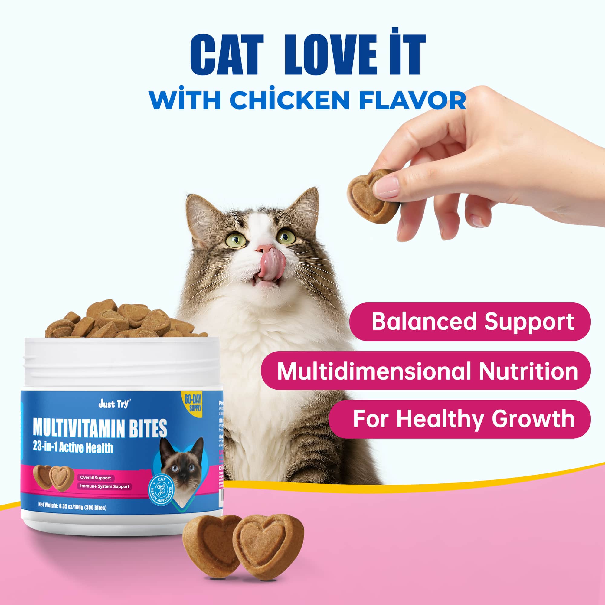 JUSTTRY Cat Multivitamin Bites  – 300 Bites ,Taurine, Lysine & Omega-3 Fish Oil Daily Supplements for Immune, Skin, Coat & Heart Health, 6.35oz-CritterCorner