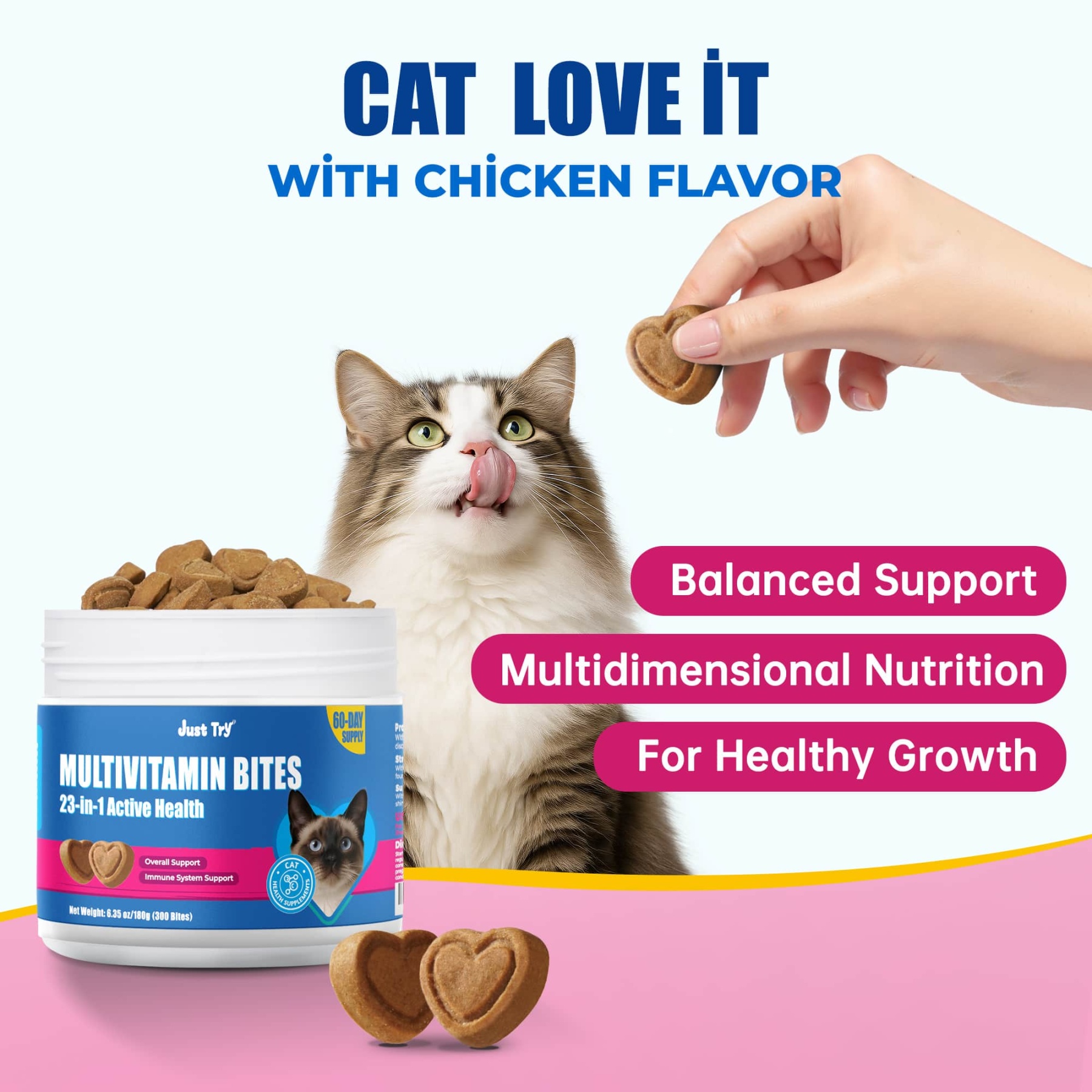 JUSTTRY Cat Multivitamin Bites  – 300 Bites ,Taurine, Lysine & Omega-3 Fish Oil Daily Supplements for Immune, Skin, Coat & Heart Health, 6.35oz-CritterCorner
