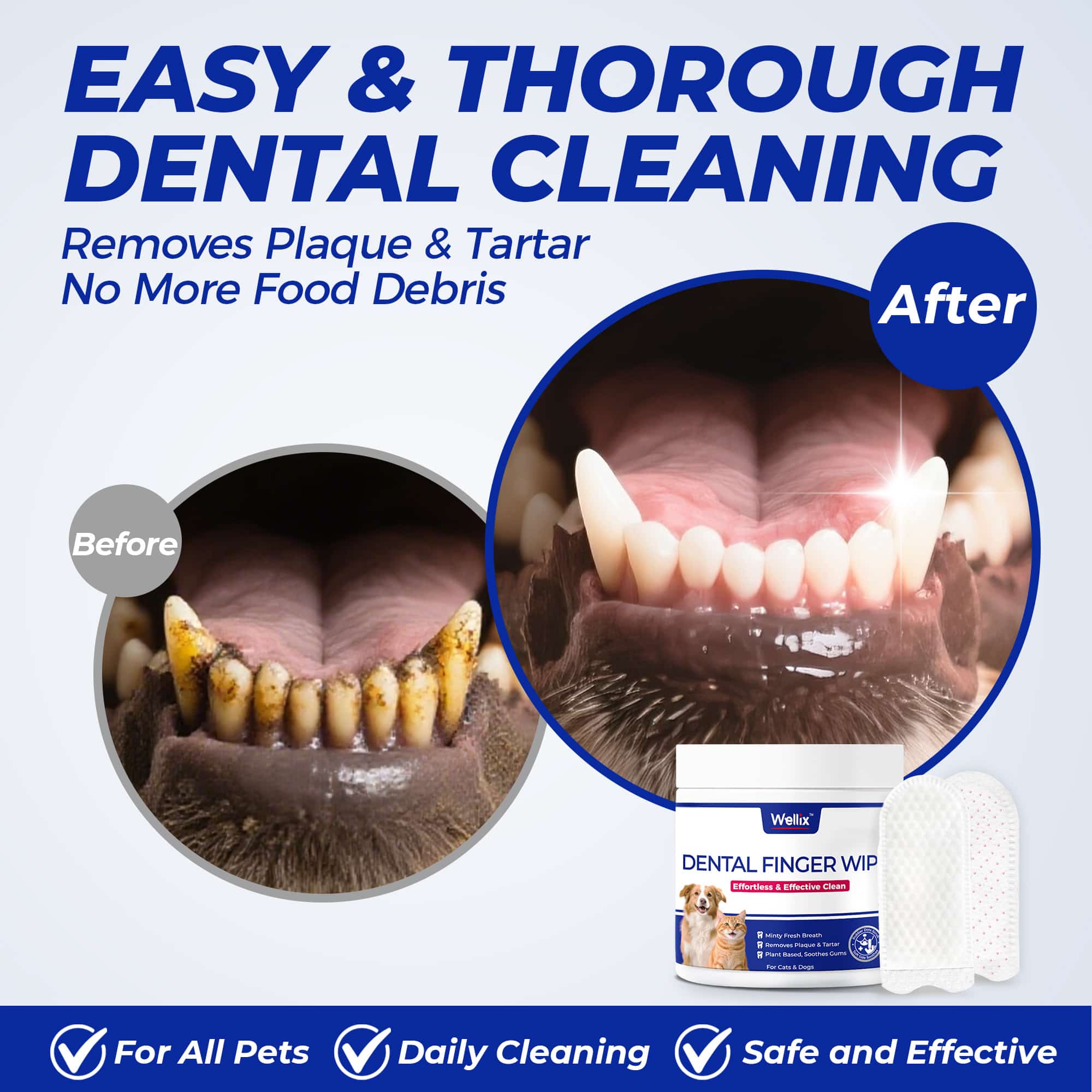 Wellix Pet Teeth Cleaning Wipes for Dogs and Cats - Natural Dental Care Finger Wipes to Reduce Plaque, Tartar & Bad Breath - No-Rinse Disposable 100 Count-CritterCorner