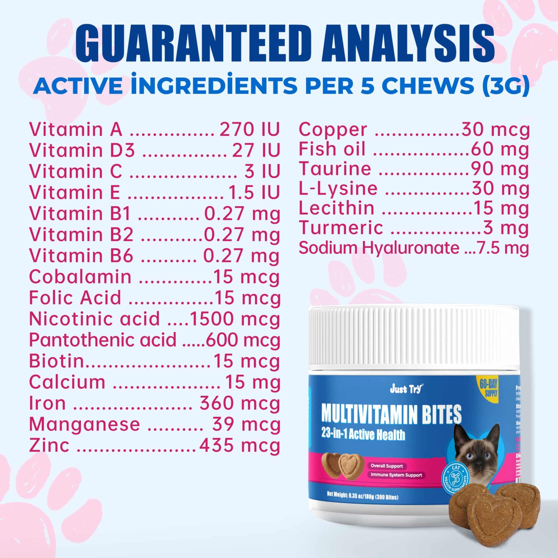 JUSTTRY Cat Multivitamin Bites  – 300 Bites ,Taurine, Lysine & Omega-3 Fish Oil Daily Supplements for Immune, Skin, Coat & Heart Health, 6.35oz-CritterCorner