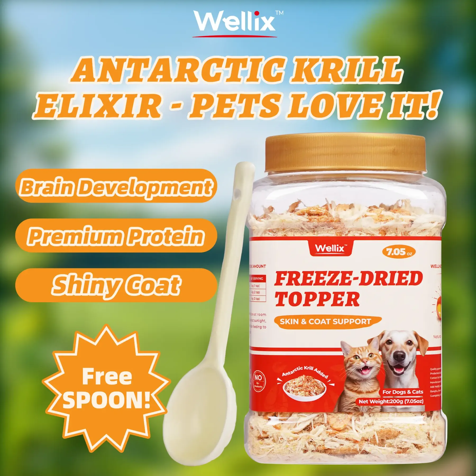 Wellix Antarctic Krill Topper for Cats & Dogs – 7.05 oz Freeze Dried Krill, Egg Yolk & Chicken Formula, Low-Calorie, for Cognitive, Skin & Coat Health-CritterCorner