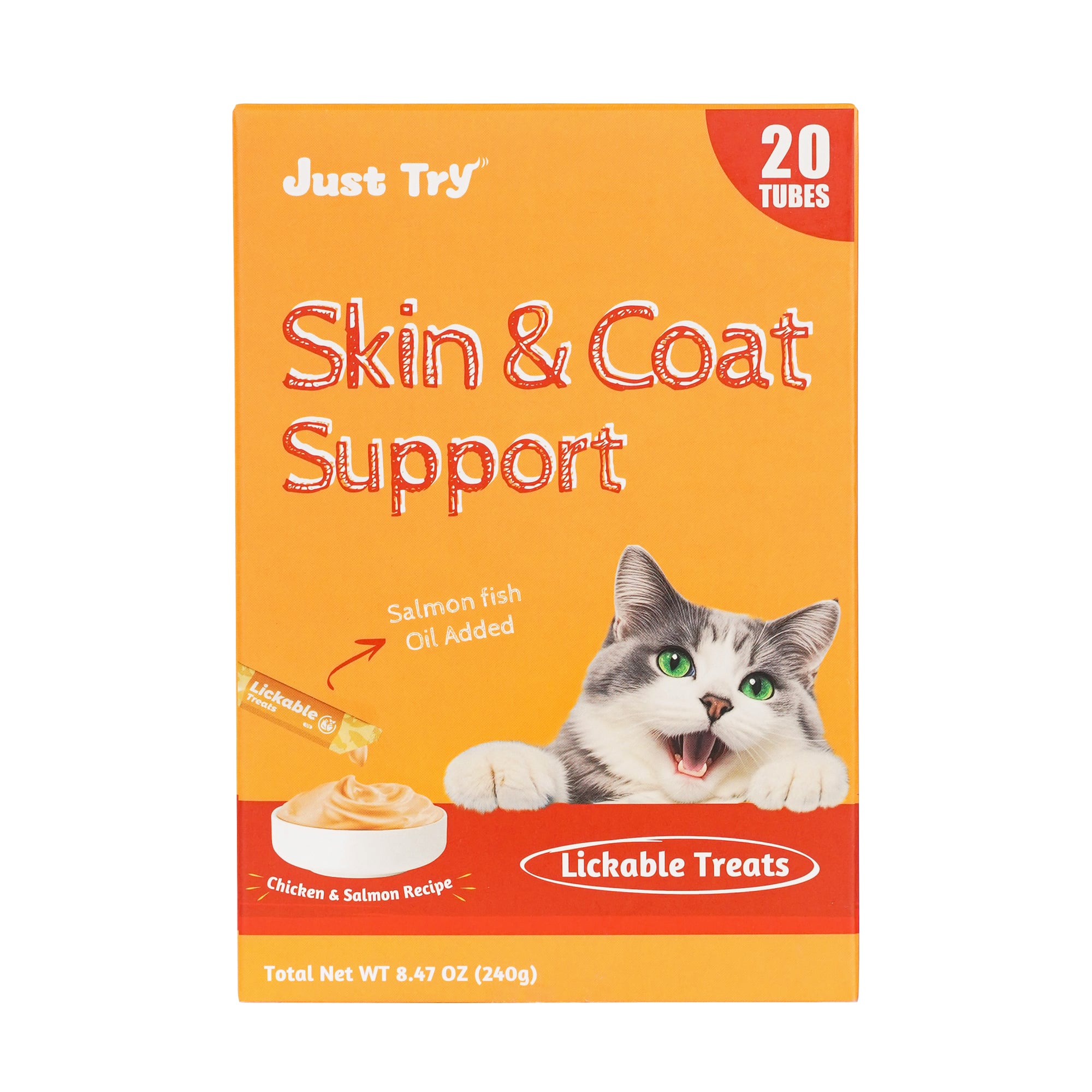 JUSTTRY Fish Oil Lickable Puree Treats – 20 Tubes with Omega Oils, Taurine & Vitamin E for Healthy Skin & Coat, 0.5oz Each-CritterCorner