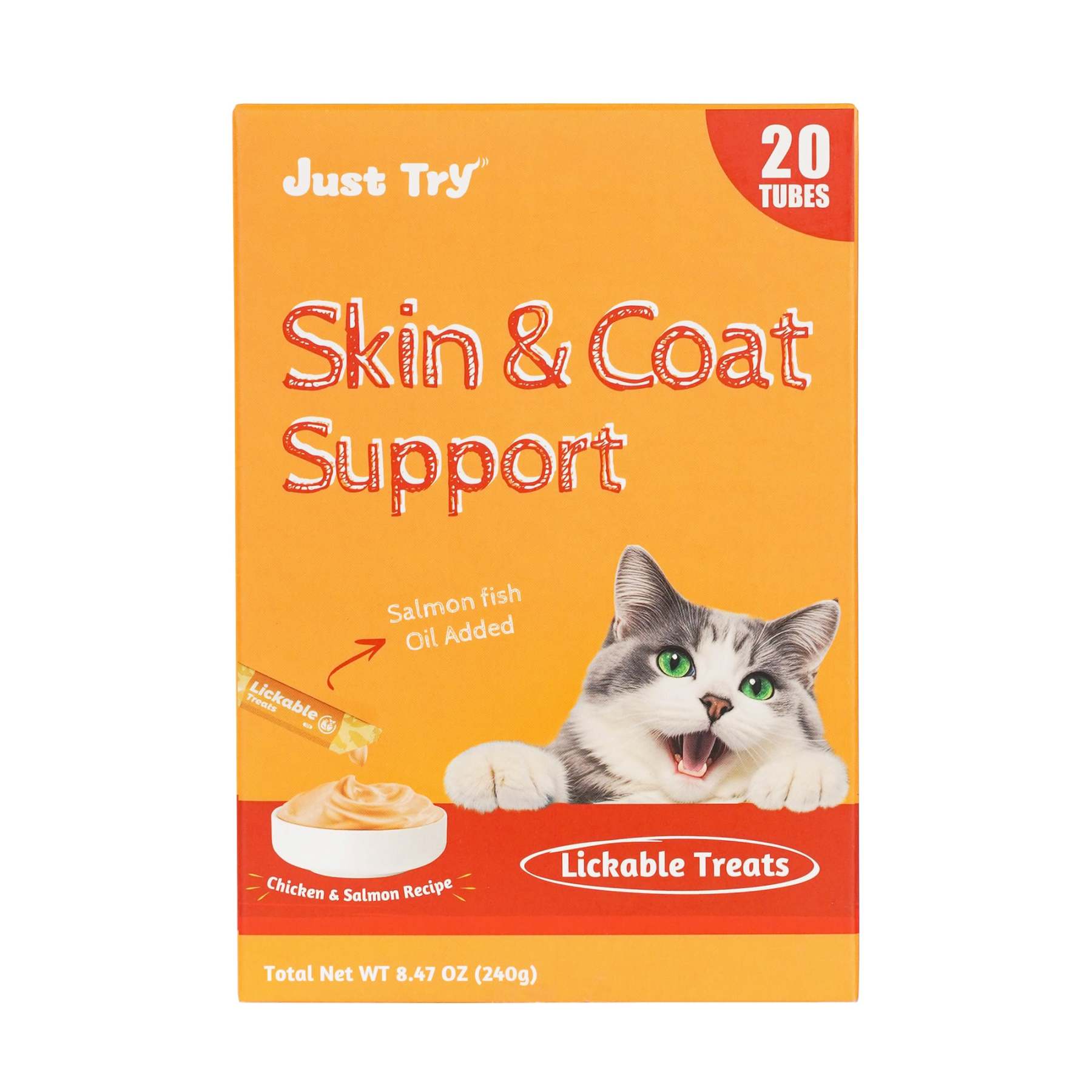 JUSTTRY Fish Oil Lickable Puree Treats – 20 Tubes with Omega Oils, Taurine & Vitamin E for Healthy Skin & Coat, 0.5oz Each-CritterCorner