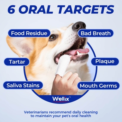 Wellix Pet Teeth Cleaning Wipes for Dogs and Cats - Natural Dental Care Finger Wipes to Reduce Plaque, Tartar & Bad Breath - No-Rinse Disposable 100 Count-CritterCorner