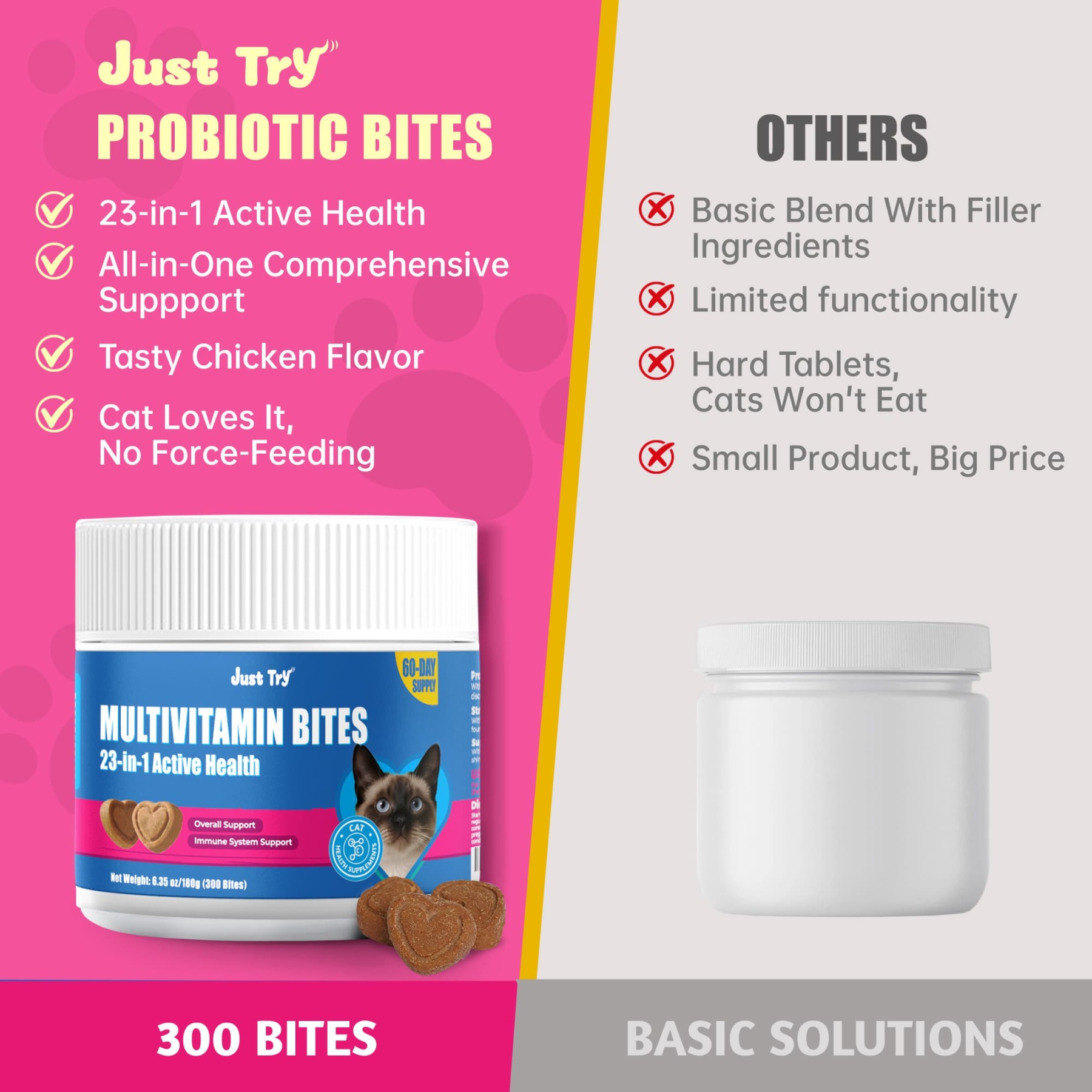 JUSTTRY Cat Multivitamin Bites  – 300 Bites ,Taurine, Lysine & Omega-3 Fish Oil Daily Supplements for Immune, Skin, Coat & Heart Health, 6.35oz-CritterCorner