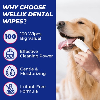 Wellix Pet Teeth Cleaning Wipes for Dogs and Cats - Natural Dental Care Finger Wipes to Reduce Plaque, Tartar & Bad Breath - No-Rinse Disposable 100 Count-CritterCorner