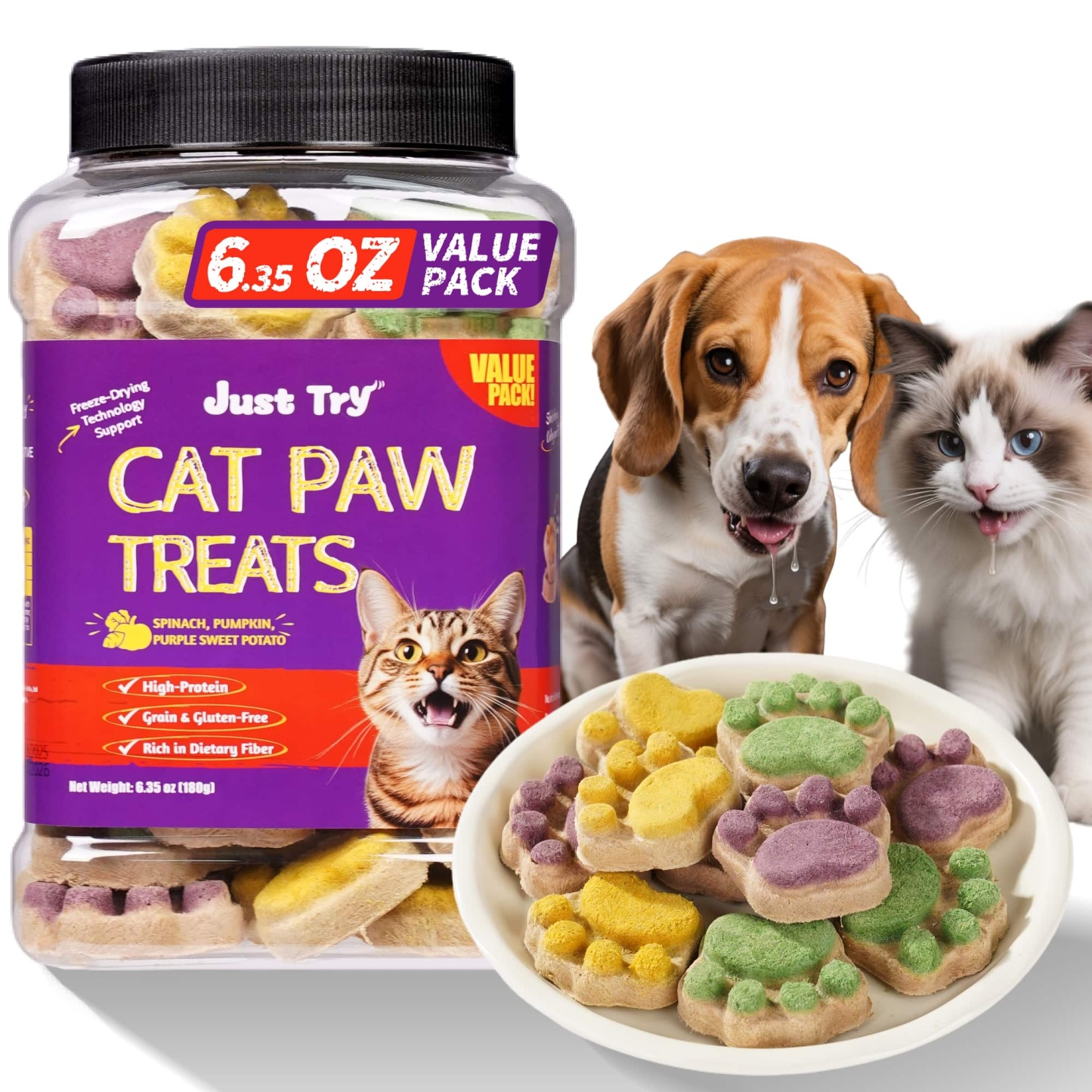 JUSTTRY Freeze-Dried Cat Paw Treats – Healthy Cat Treats with High-Protein Chicken & Pumpkin Spinach Purple Sweet Potato, Immunity & Gut Health, 6.35oz-CritterCorner