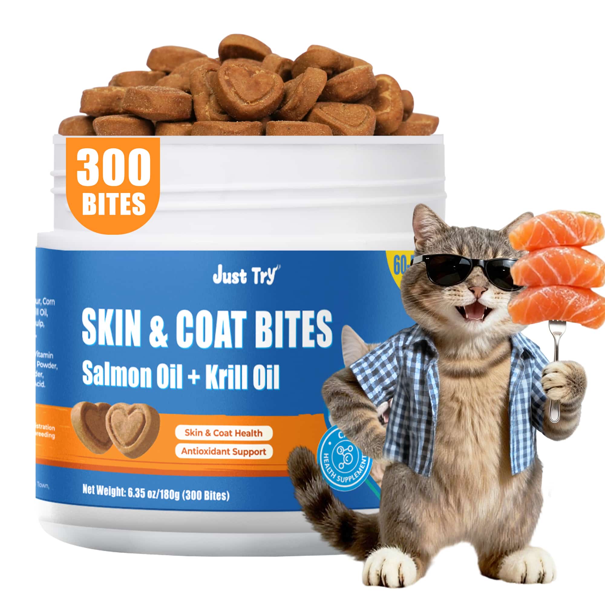 JUSTTRY 300 Bites Cat Skin & Coat Bites – Cat Omega-3 Salmon Oil for Healthy Skin, Itchy Skin Relief & Cat Shedding Control, 6.35oz, 300 Bites-CritterCorner