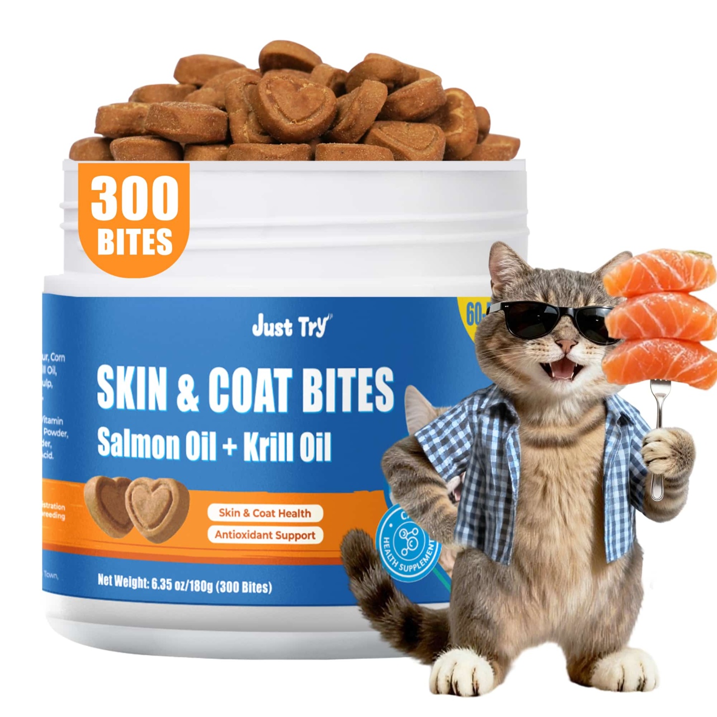 JUSTTRY 300 Bites Cat Skin & Coat Bites – Cat Omega-3 Salmon Oil for Healthy Skin, Itchy Skin Relief & Cat Shedding Control, 6.35oz, 300 Bites-CritterCorner