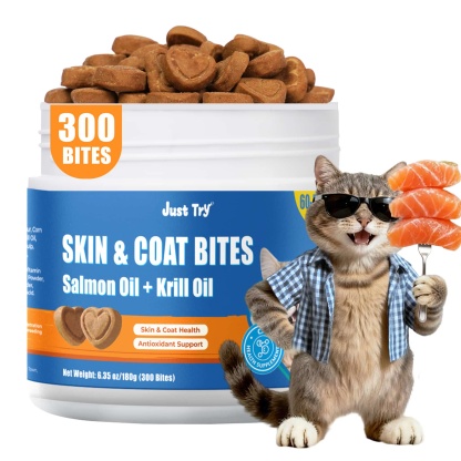 JUSTTRY 300 Bites Cat Skin & Coat Bites – Cat Omega-3 Salmon Oil for Healthy Skin, Itchy Skin Relief & Cat Shedding Control, 6.35oz, 300 Bites-CritterCorner