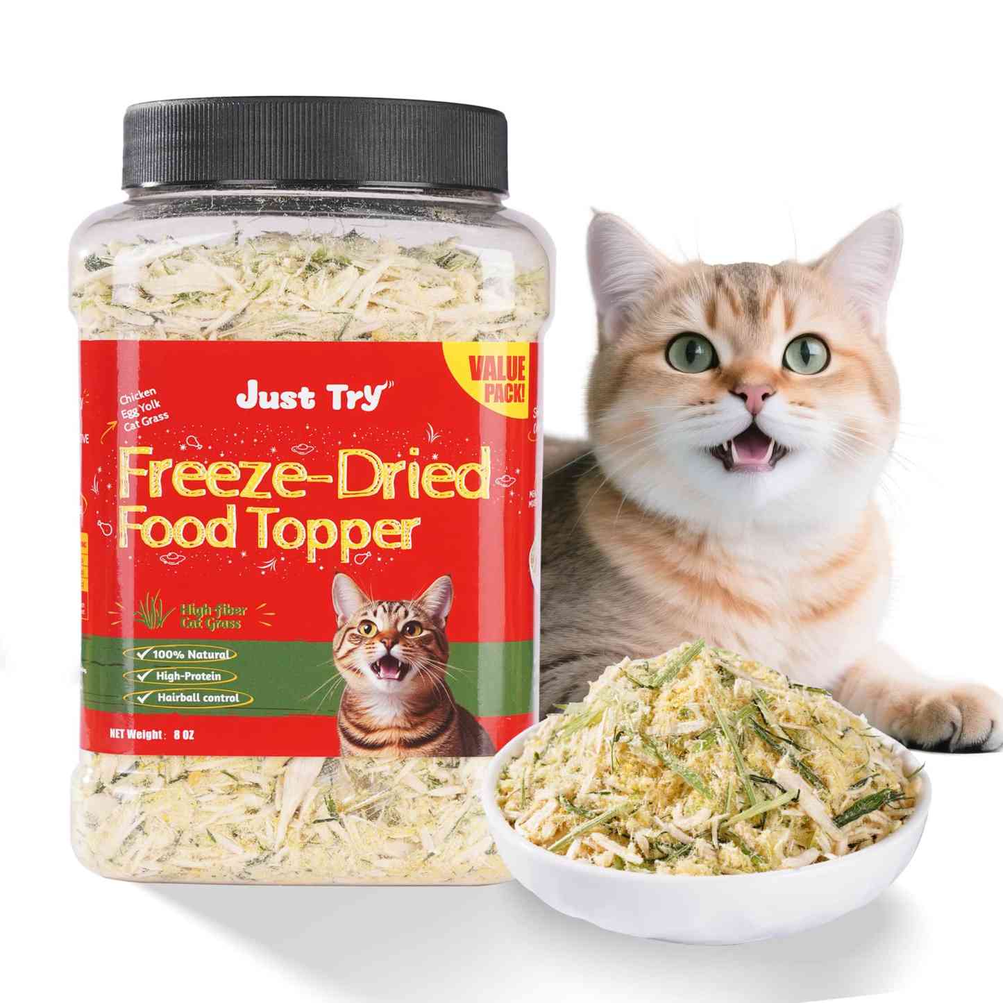 JUSTTRY Cat Grass Freeze-Dried Cat Food Toppers – Chicken, Egg Yolk & Cat Grass, Hairball Control & Dental Care, High Protein & Low Fat Cat Treats , 8oz-CritterCorner