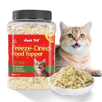JUSTTRY Cat Grass Freeze-Dried Cat Food Toppers – Chicken, Egg Yolk & Cat Grass, Hairball Control & Dental Care, High Protein & Low Fat Cat Treats , 8oz-CritterCorner