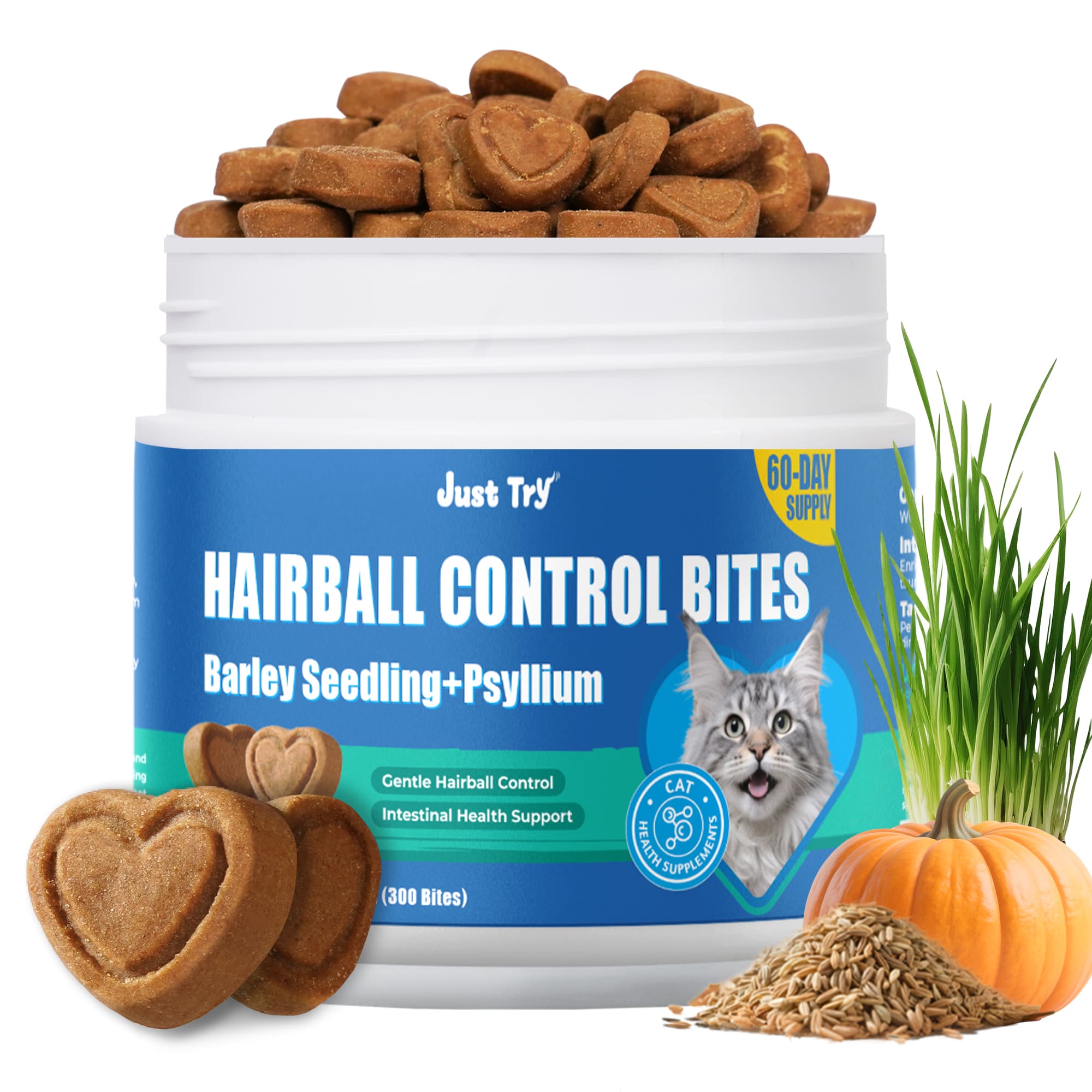 JUSTTRY Hairballs Control Bites  – Cat Grass & Chicken & Pumpkin Flavor with Omega-3 for Hairball Relief & Digestion, 300 Bites-CritterCorner