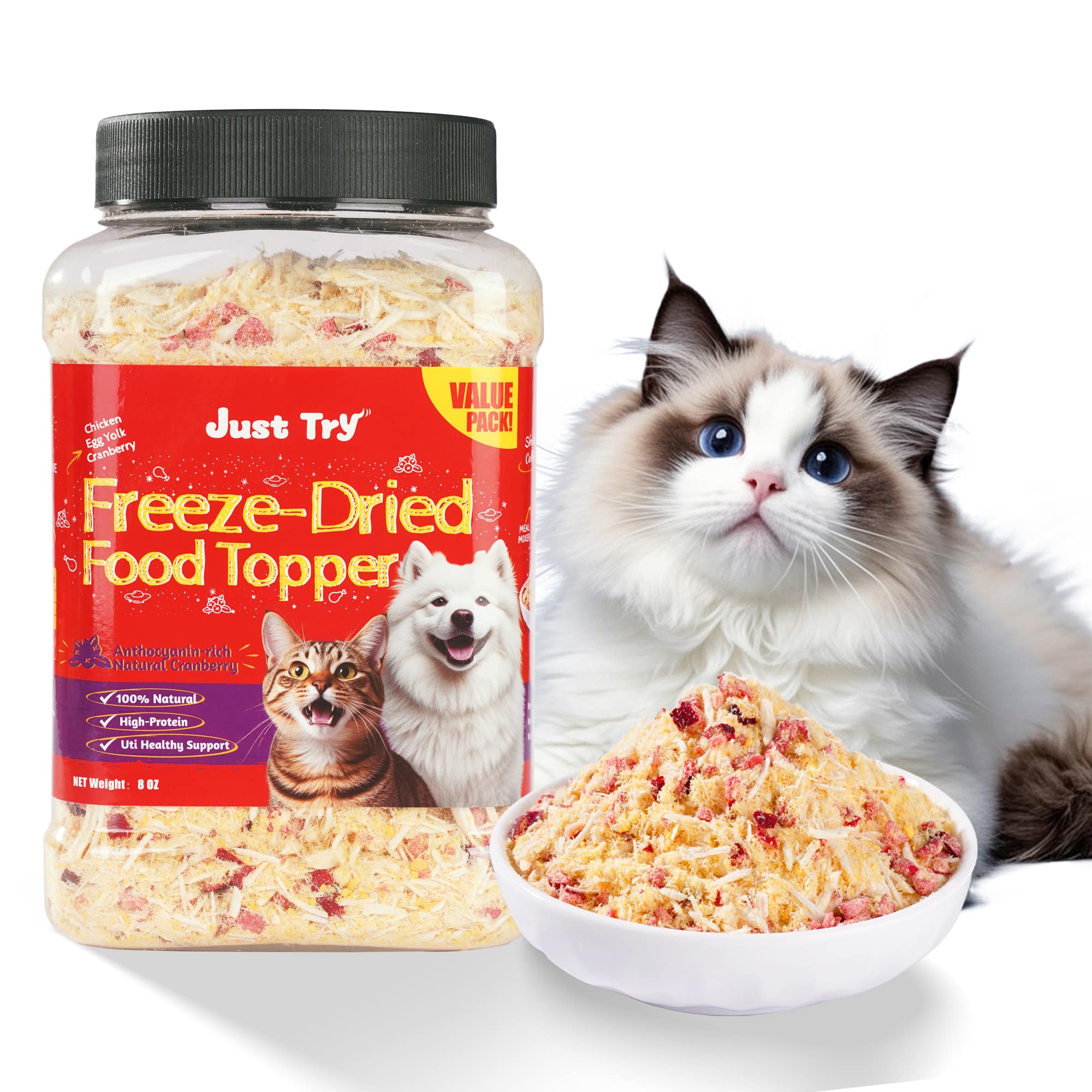JUSTTRY Cranberry Freeze-Dried Food Toppers – Chicken,  Egg Yolk, Cranberry, High-Protein for Kidney Bladder UT Support For Dogs & Cats, 8oz-CritterCorner